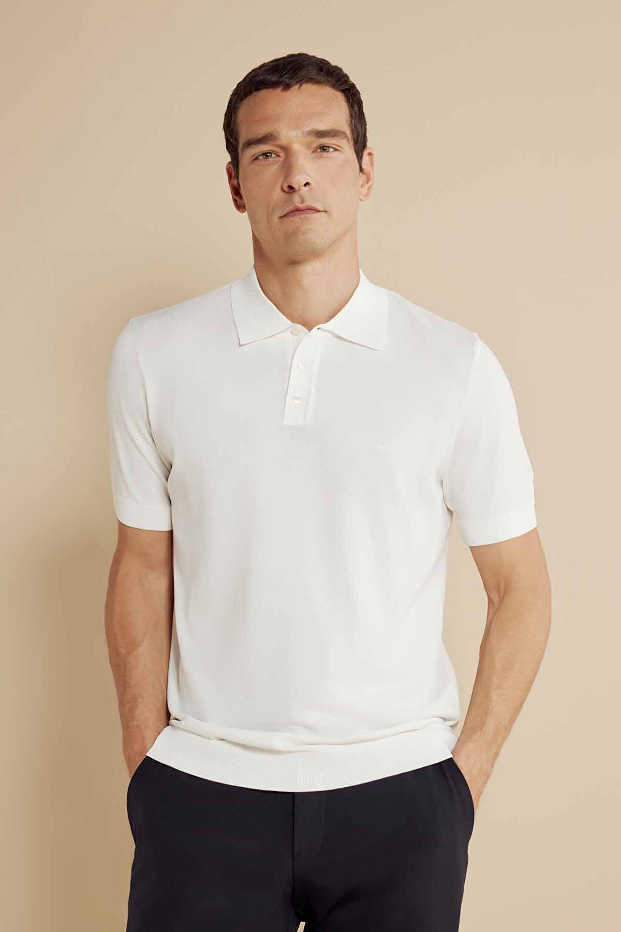 Polo Yaka Düğmeli Basic Rayon Kısa Kol Kazak - Kırık Beyaz (görsel 3)