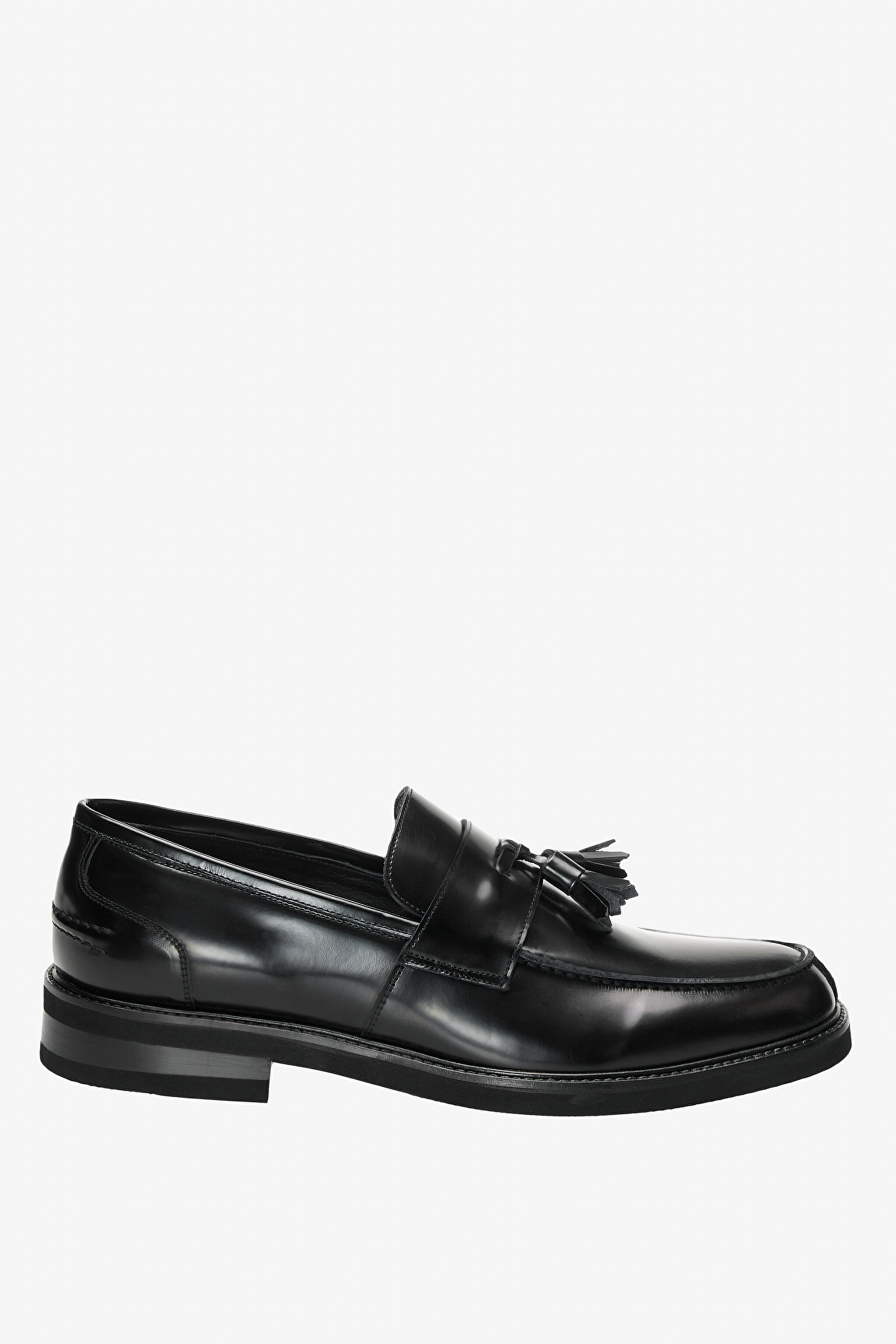 100% Deri Püskül Detaylı Loafer - Siyah
