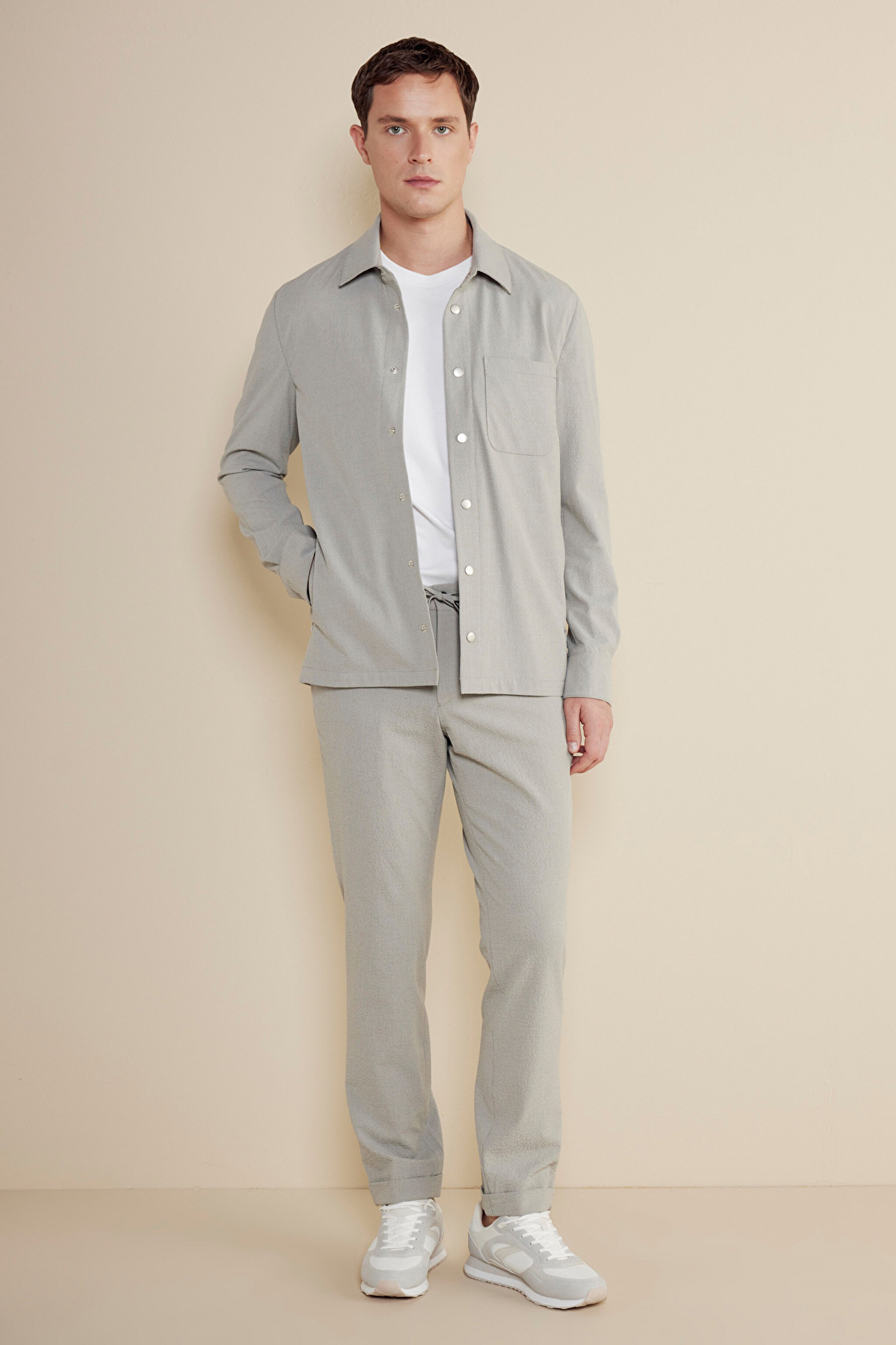 Gofre Beli Lastikli Pantolon - Gri