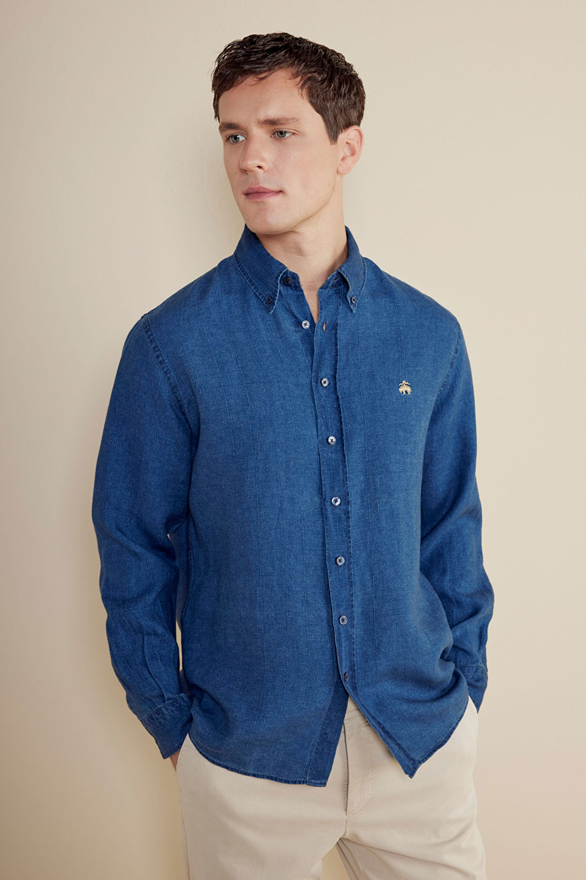 %100 Keten Düğmeli Yaka Regular Fit Gömlek - Indigo