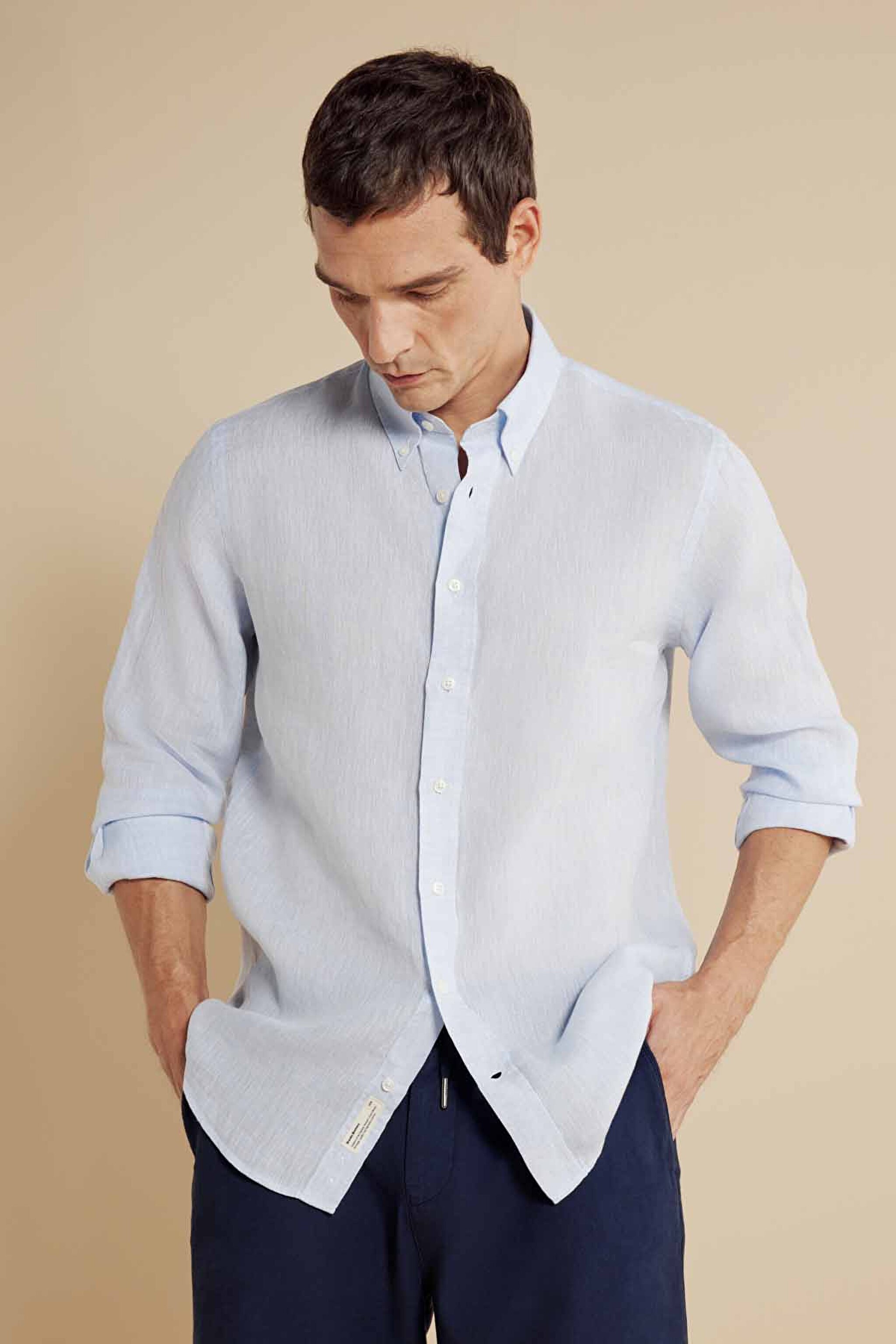 %100 Keten Düğmeli Yaka Regular Fit Logosuz Gömlek - Açık Mavi (görsel 4)