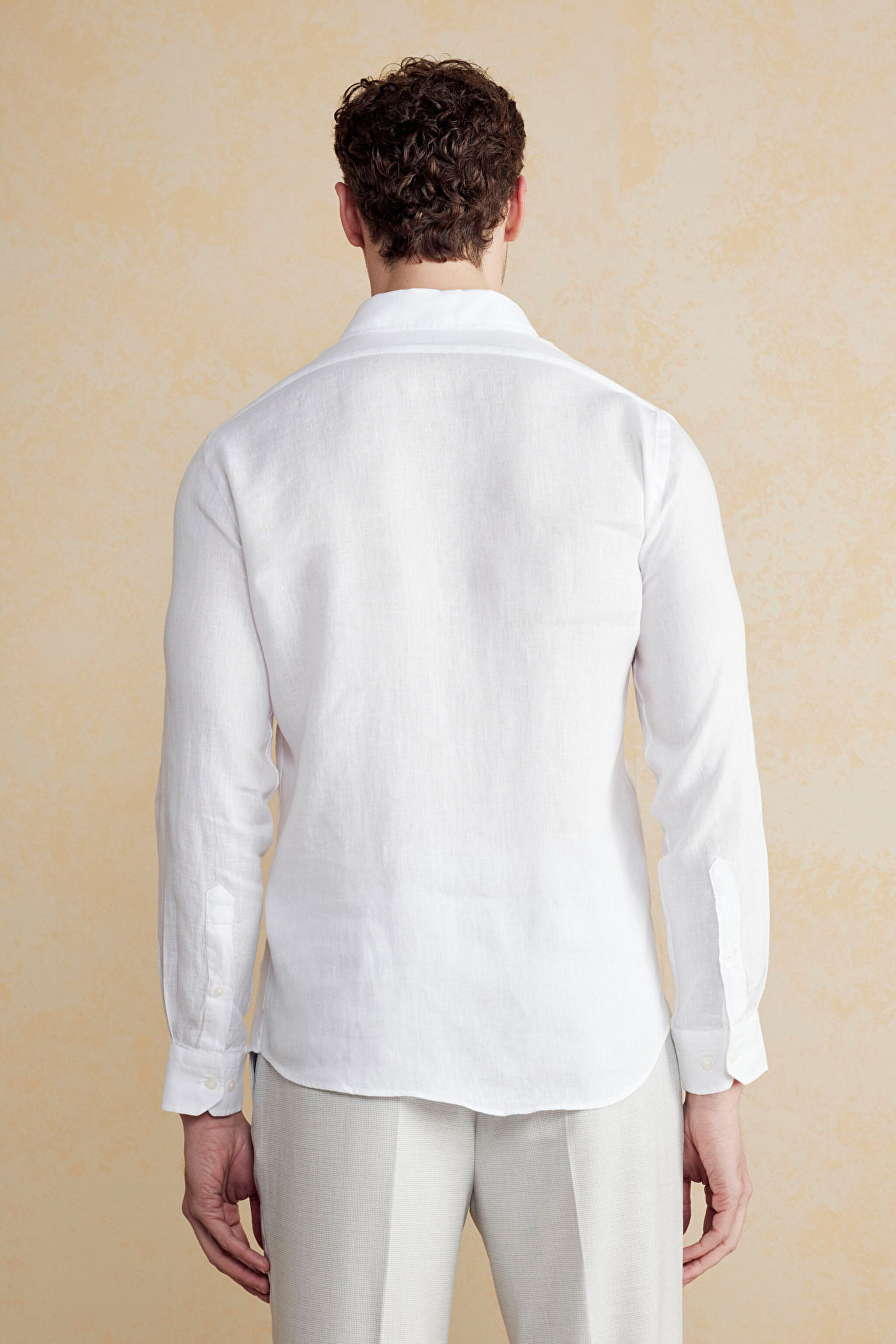 %100 Keten İtalyan Yaka Slim Fit Gömlek - Beyaz (görsel 5)