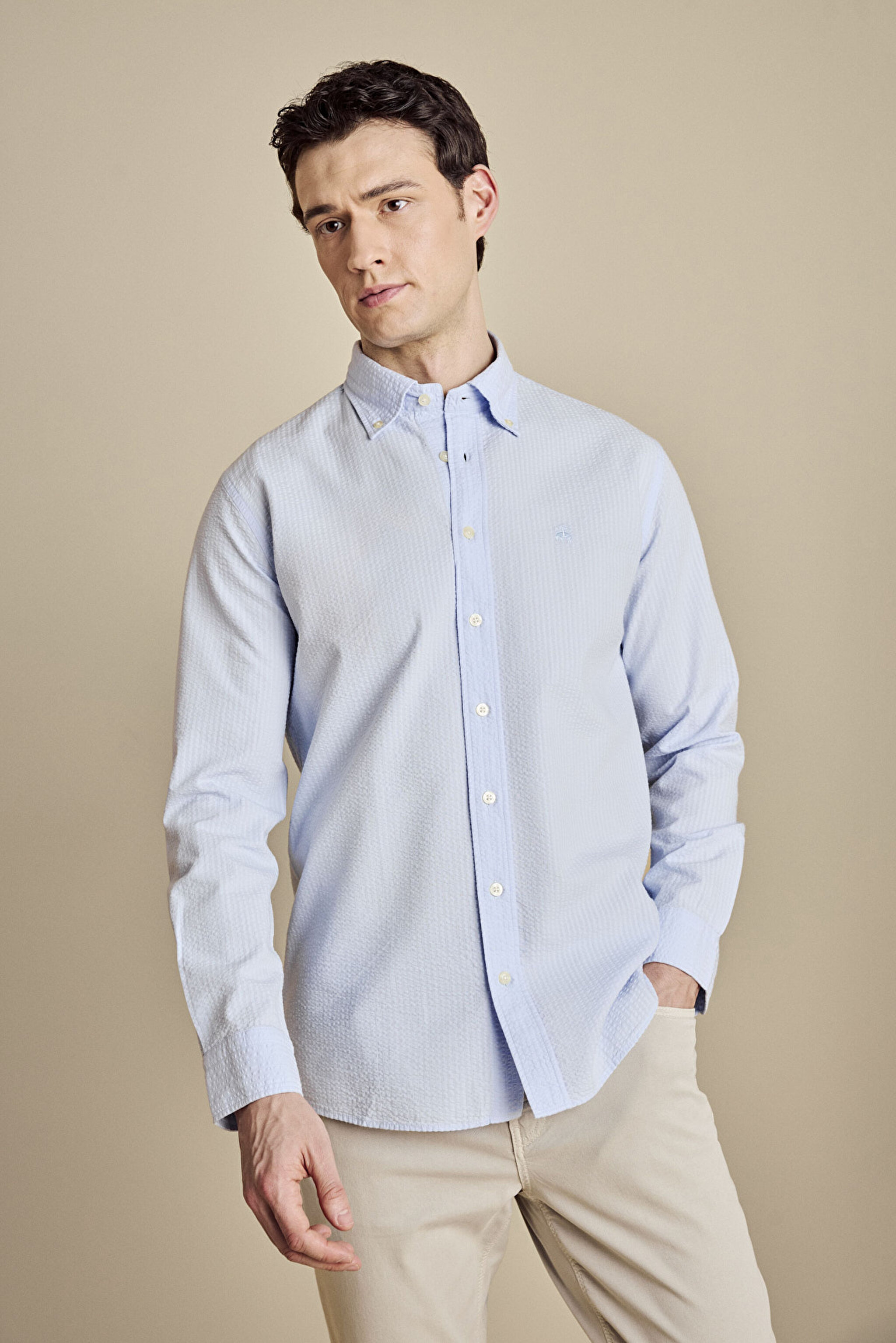 Düğmeli Yaka Slim Fit Gofre Gömlek - Mavi