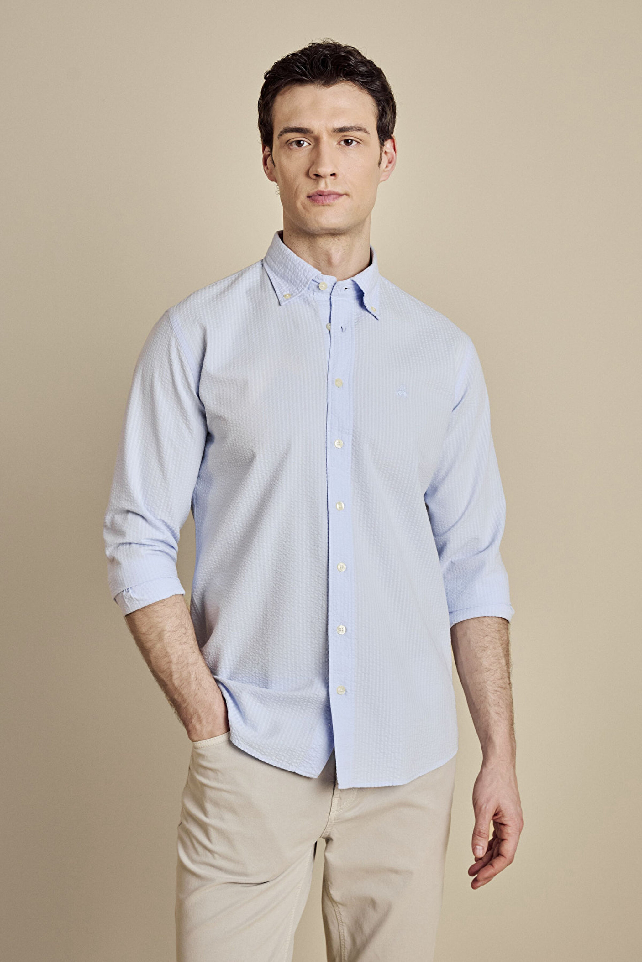 Düğmeli Yaka Slim Fit Gofre Gömlek - Mavi (görsel 2)