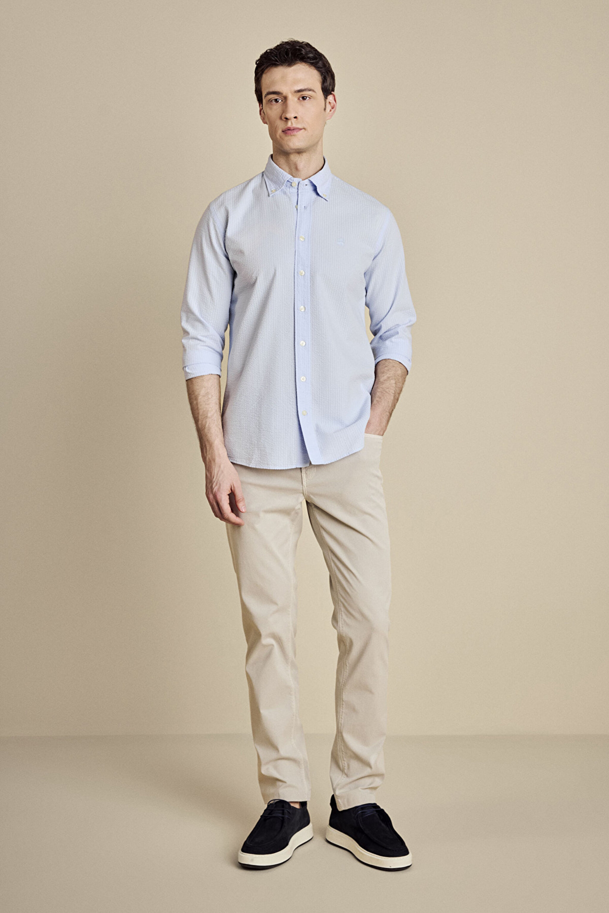 Düğmeli Yaka Slim Fit Gofre Gömlek - Mavi (görsel 3)