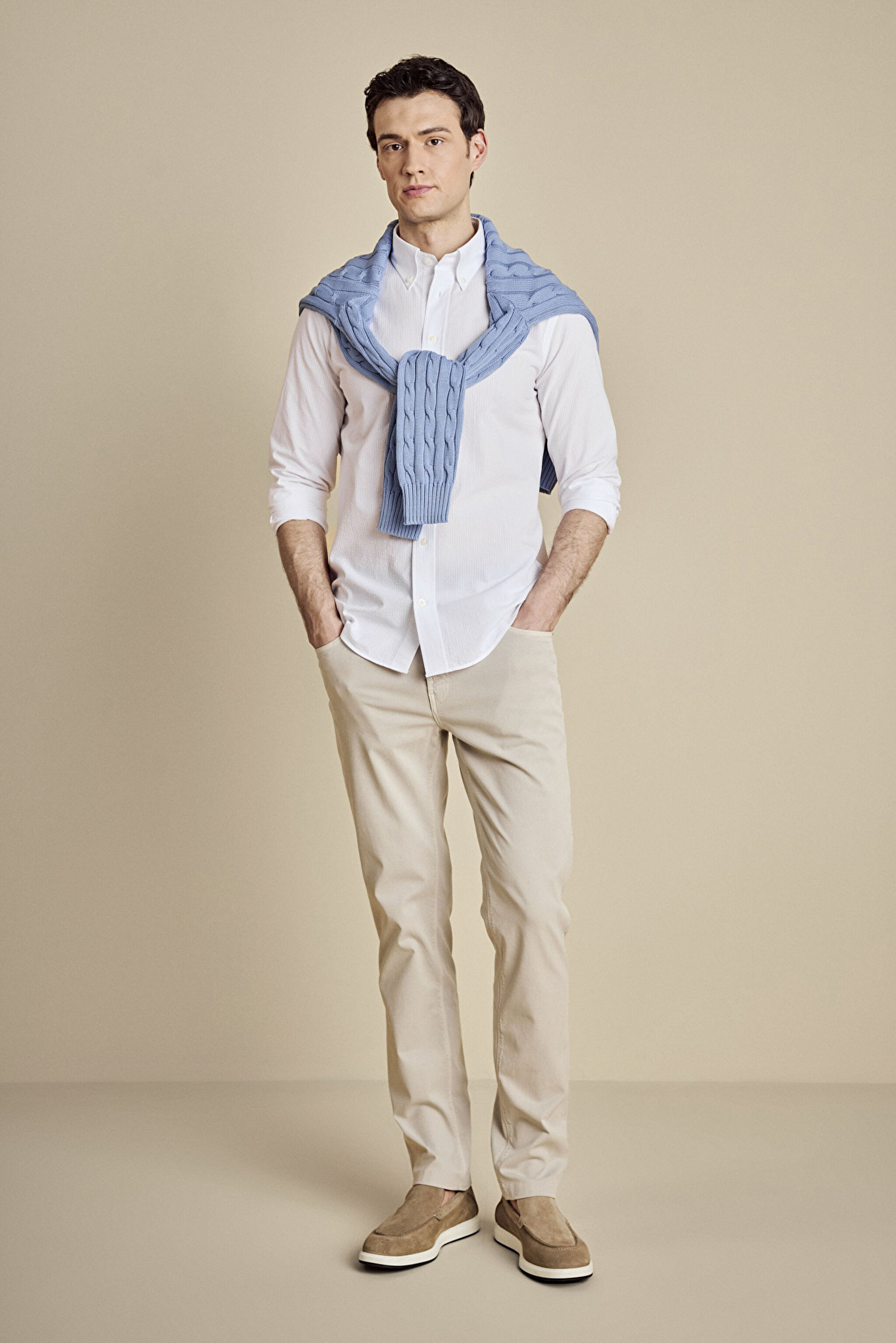 Düğmeli Yaka Slim Fit Gofre Gömlek - Beyaz (görsel 3)