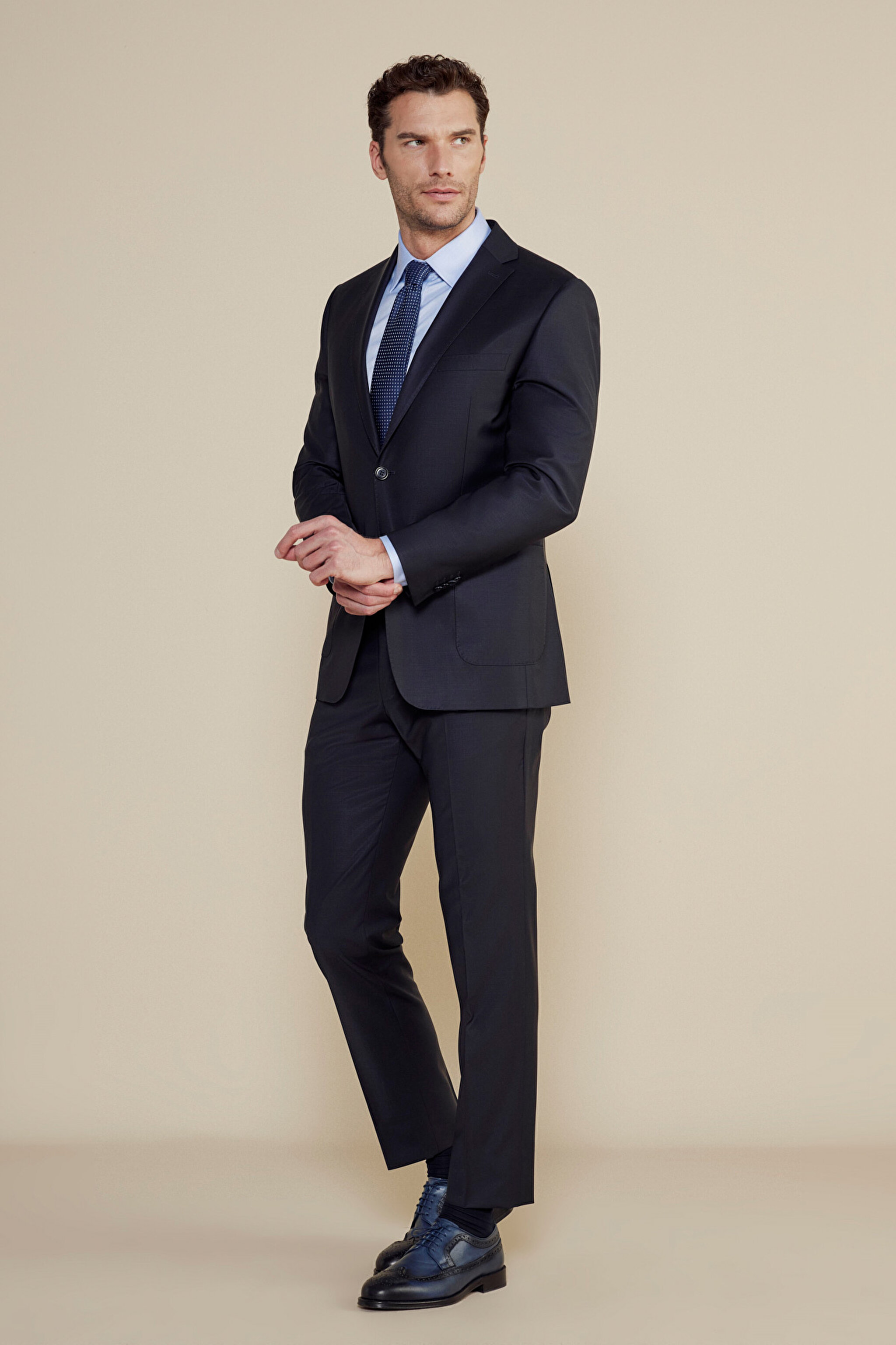 Yün Karışımlı Mono Yaka Slim Fit Kapak Cepli Takım Elbise - Lacivert (görsel 2)