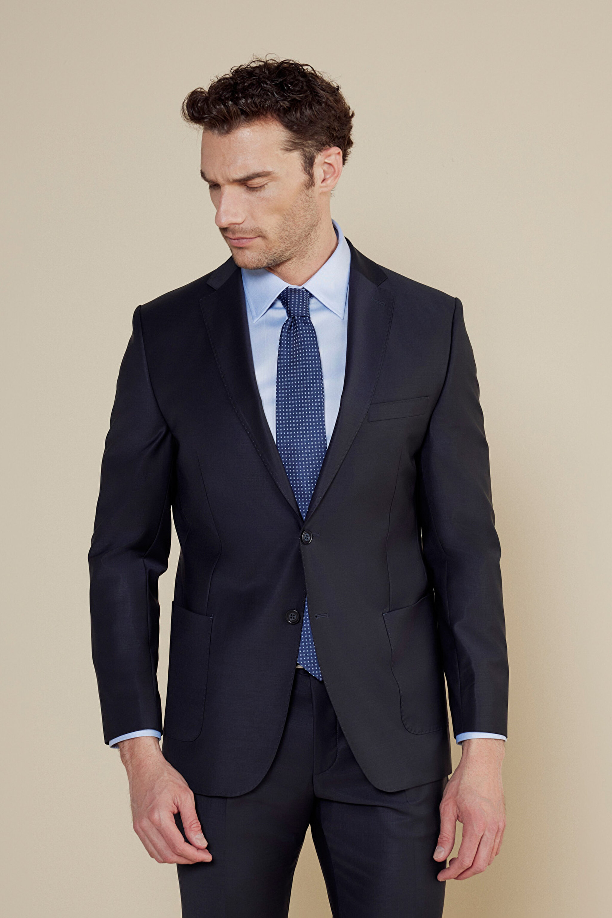 Yün Karışımlı Mono Yaka Slim Fit Kapak Cepli Takım Elbise - Lacivert (görsel 3)