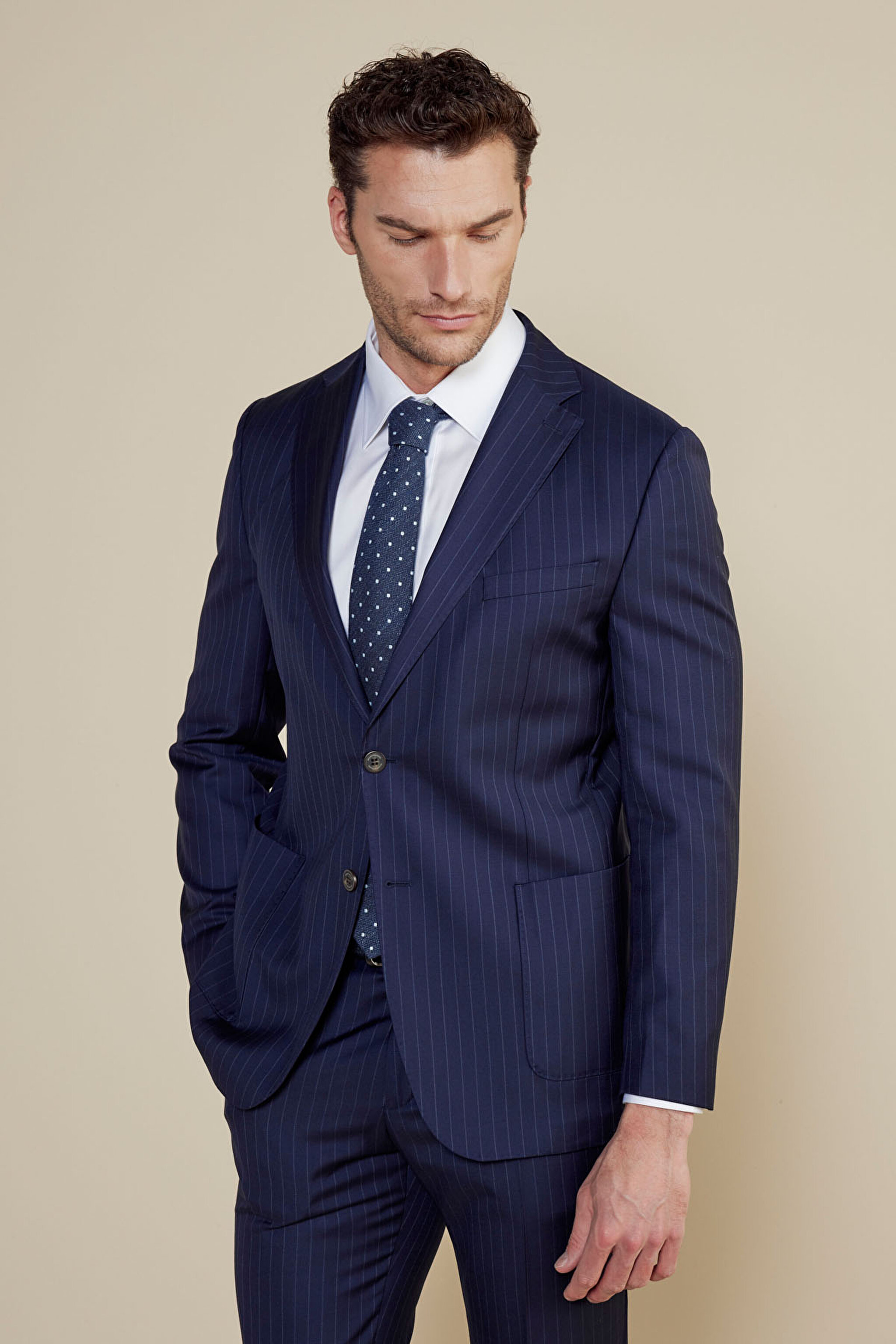 %100 Yün Mono Yaka Slim Fit Torba Cep Çizgili Takım Elbise - Lacivert Çizgili
