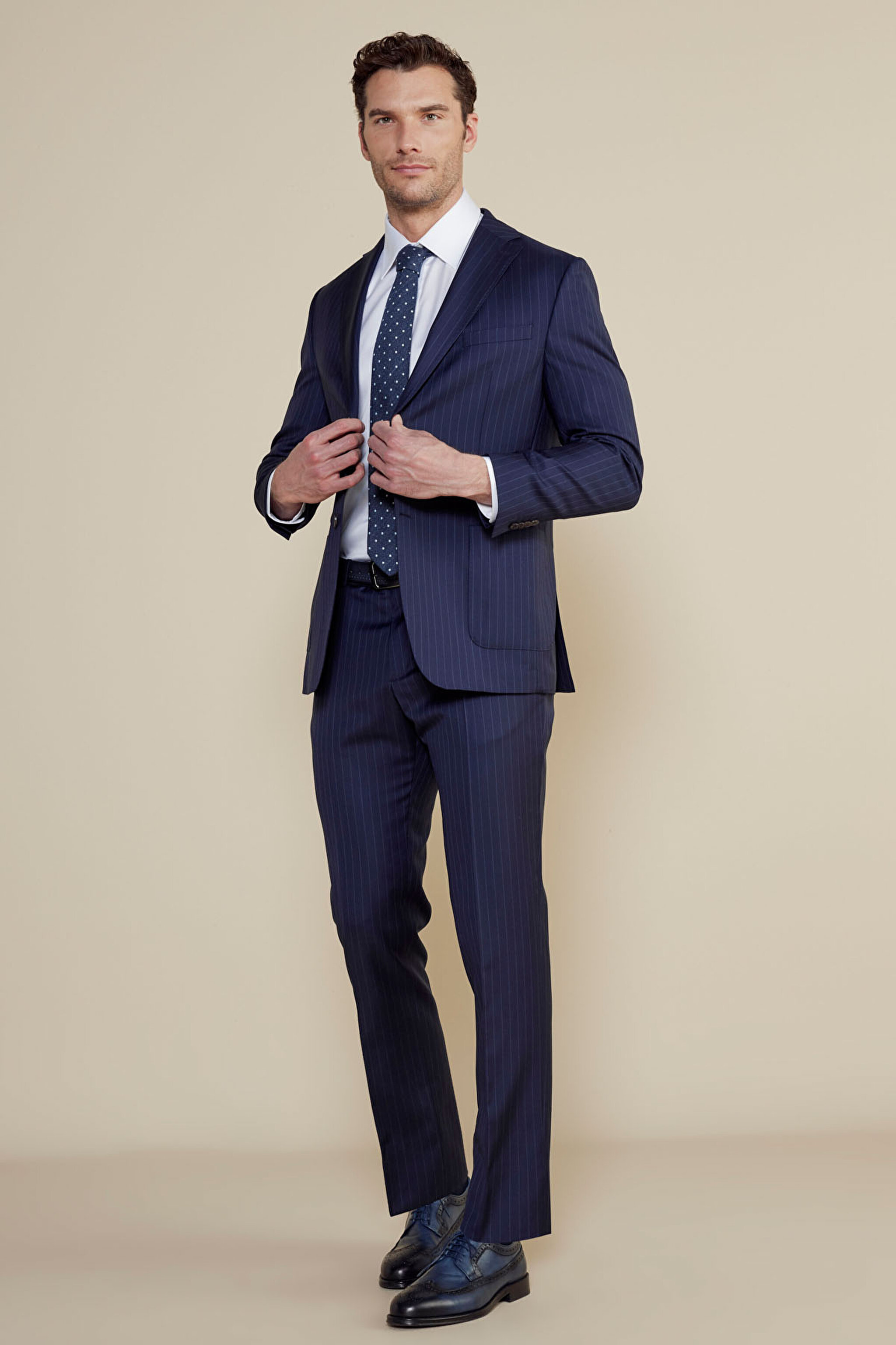 %100 Yün Mono Yaka Slim Fit Torba Cep Çizgili Takım Elbise - Lacivert Çizgili (görsel 2)