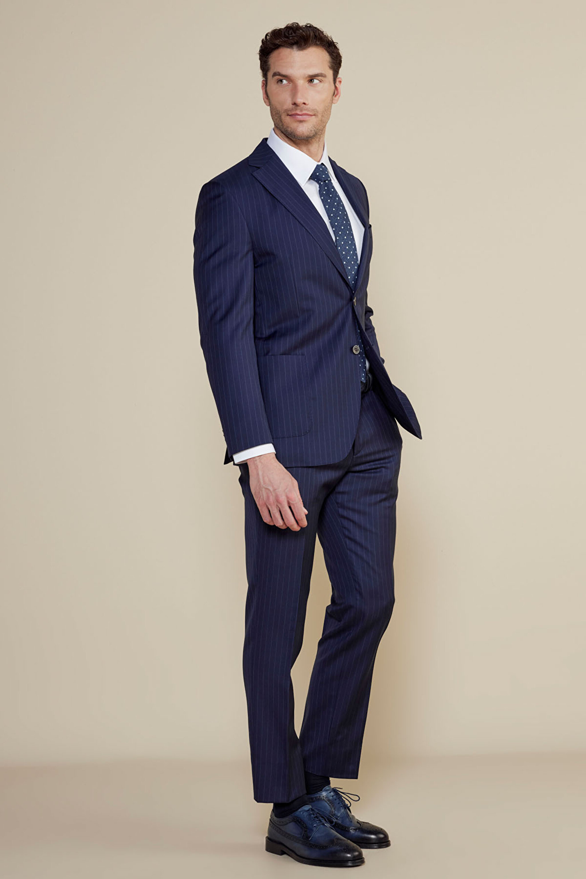 %100 Yün Mono Yaka Slim Fit Torba Cep Çizgili Takım Elbise - Lacivert Çizgili (görsel 3)