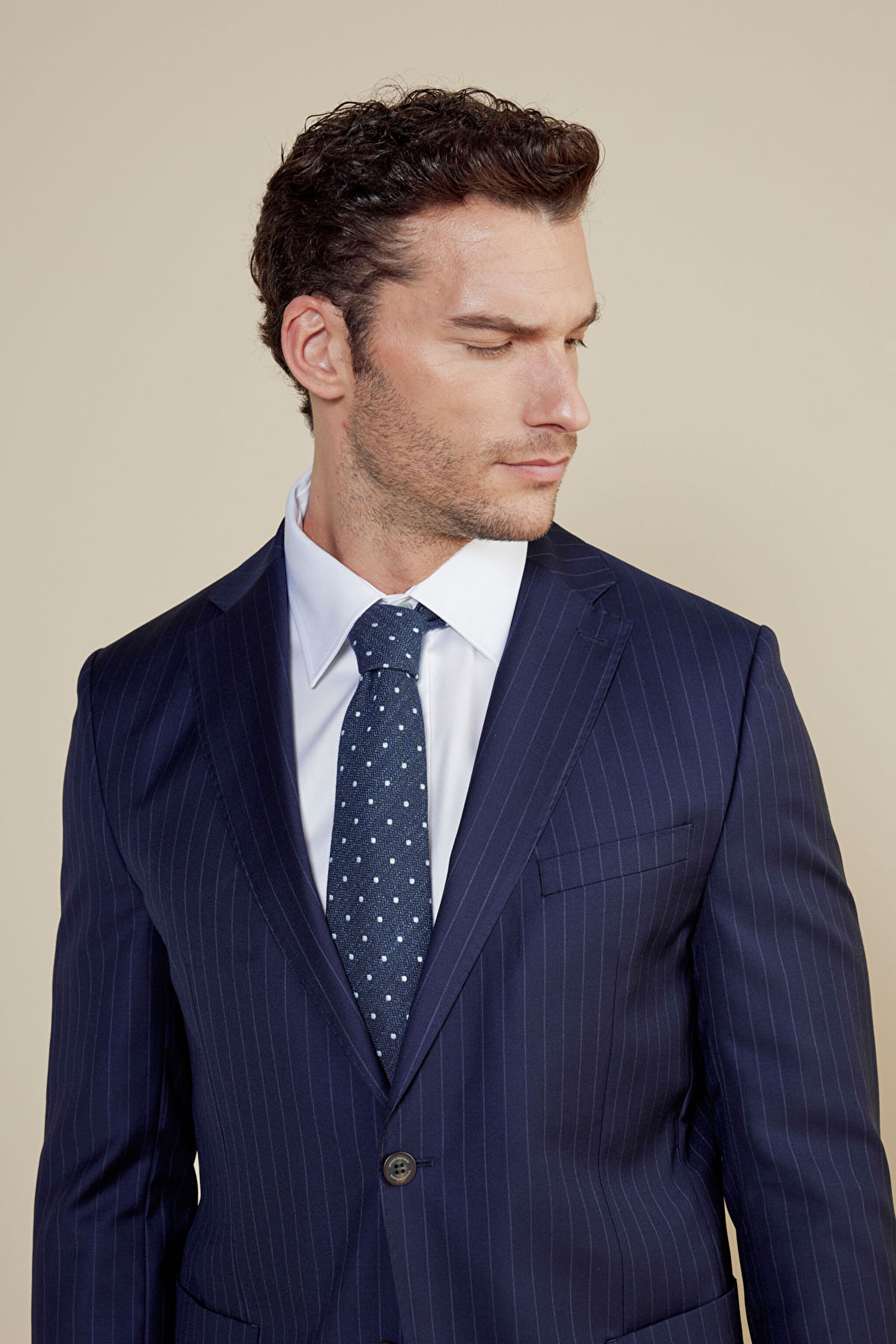 %100 Yün Mono Yaka Slim Fit Torba Cep Çizgili Takım Elbise - Lacivert Çizgili (görsel 4)