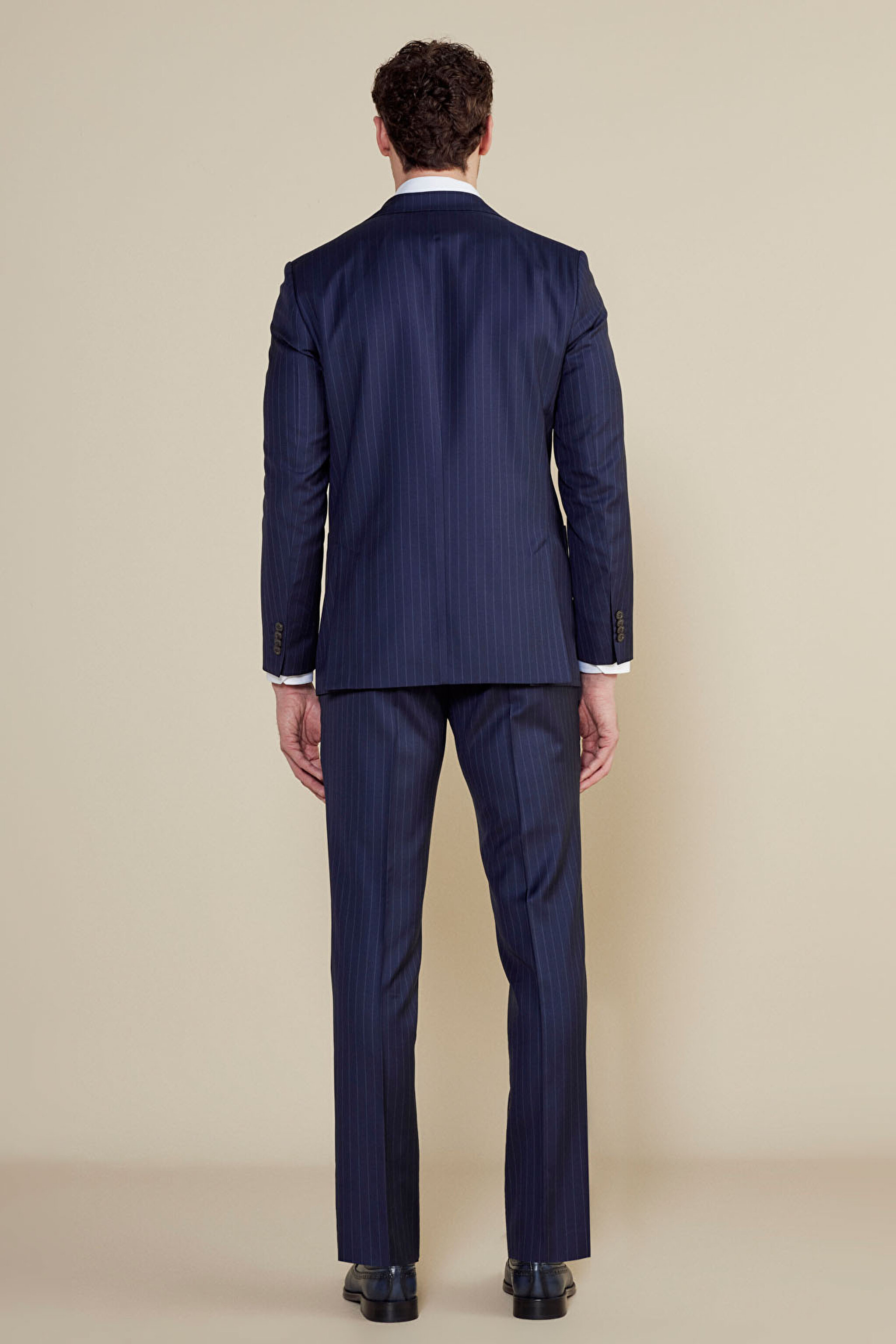 %100 Yün Mono Yaka Slim Fit Torba Cep Çizgili Takım Elbise - Lacivert Çizgili (görsel 6)
