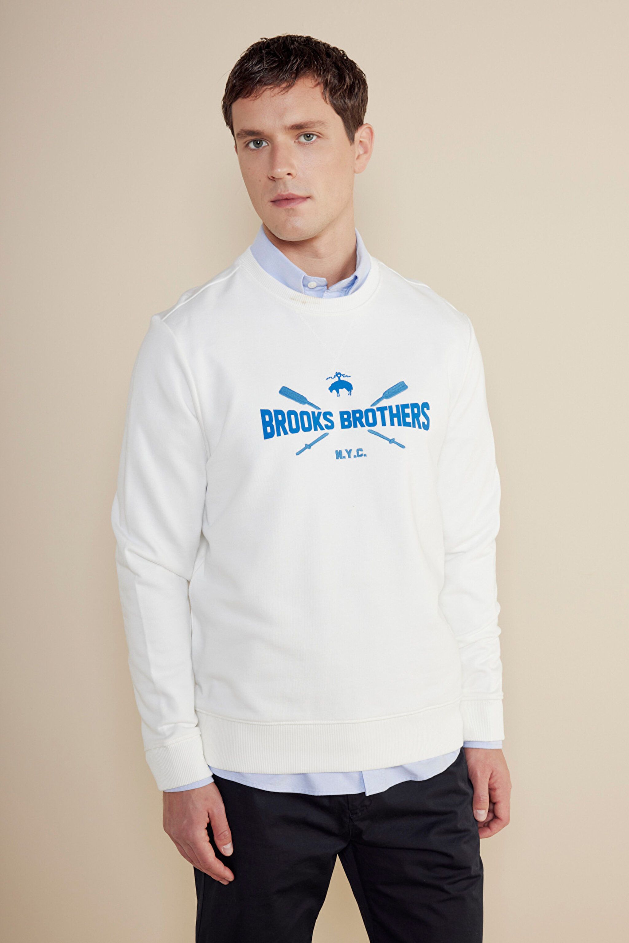 %100 Pamuk Kürekli Logo New York Yazılı Sweatshirt - Kırık Beyaz (görsel 2)