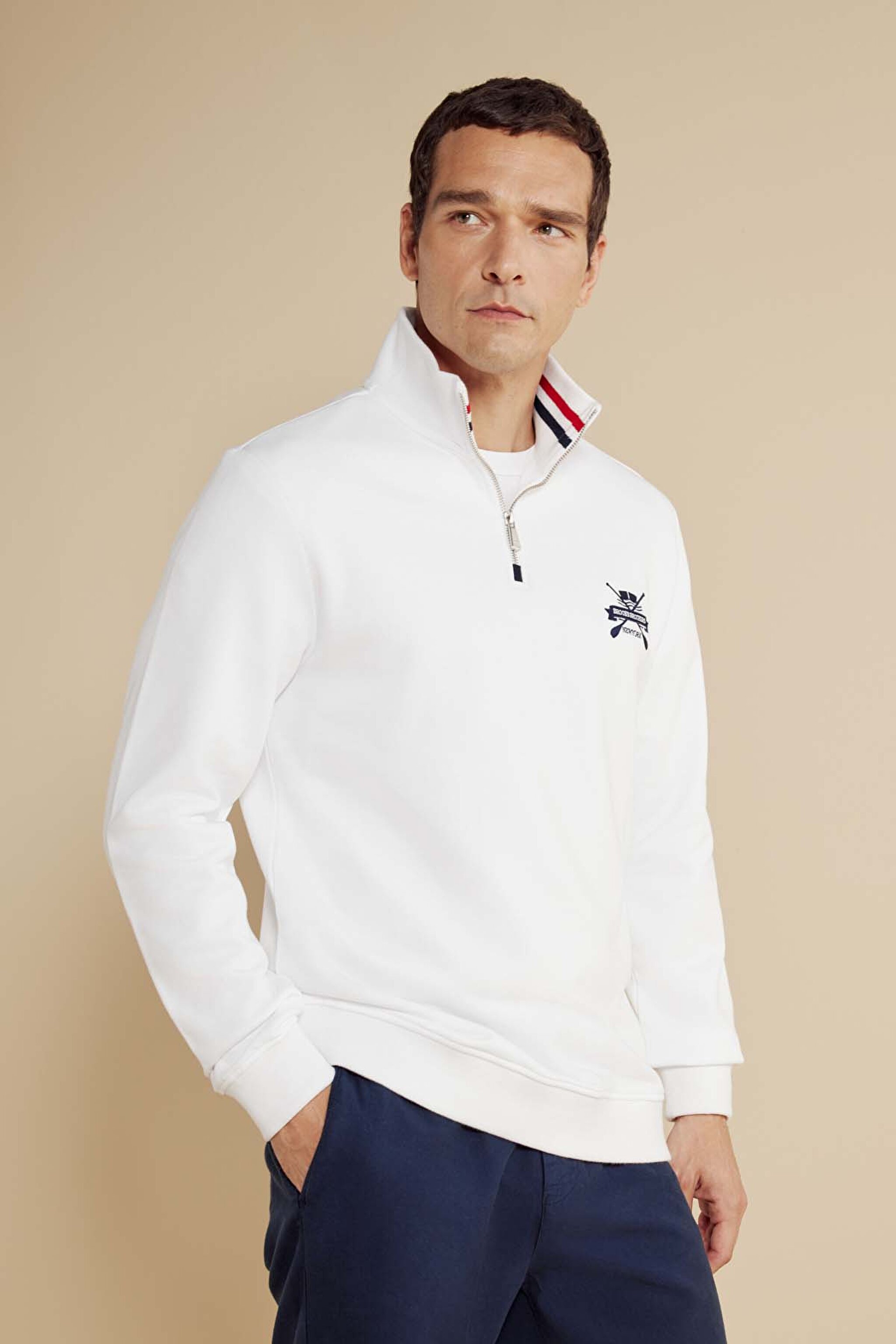 %100 Pamuk Bato Yaka Nakışlı Sweatshirt - Kırık Beyaz