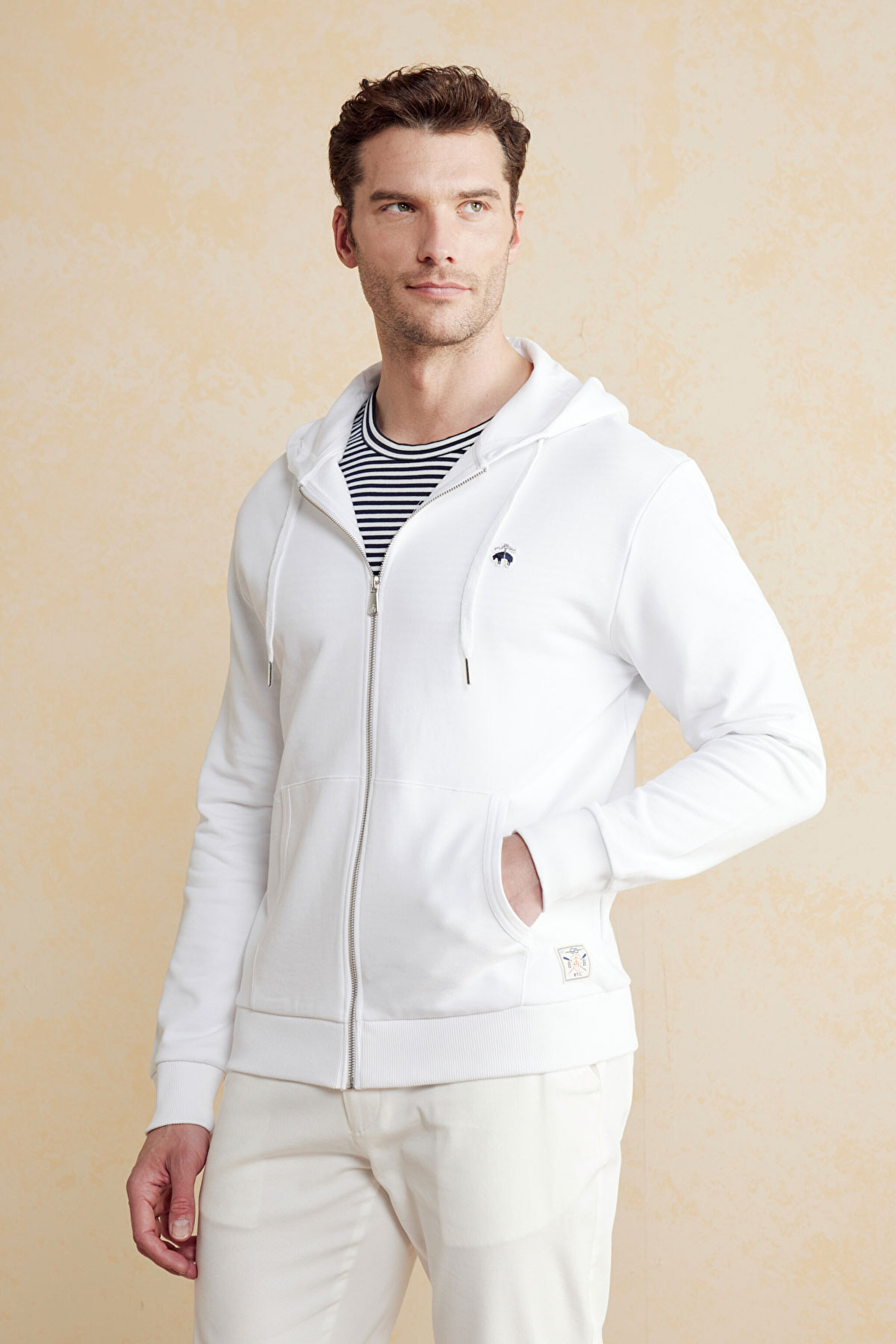 %100 Pamuk Patch Detaylı Fermuarlı Hoodie - Kırık Beyaz