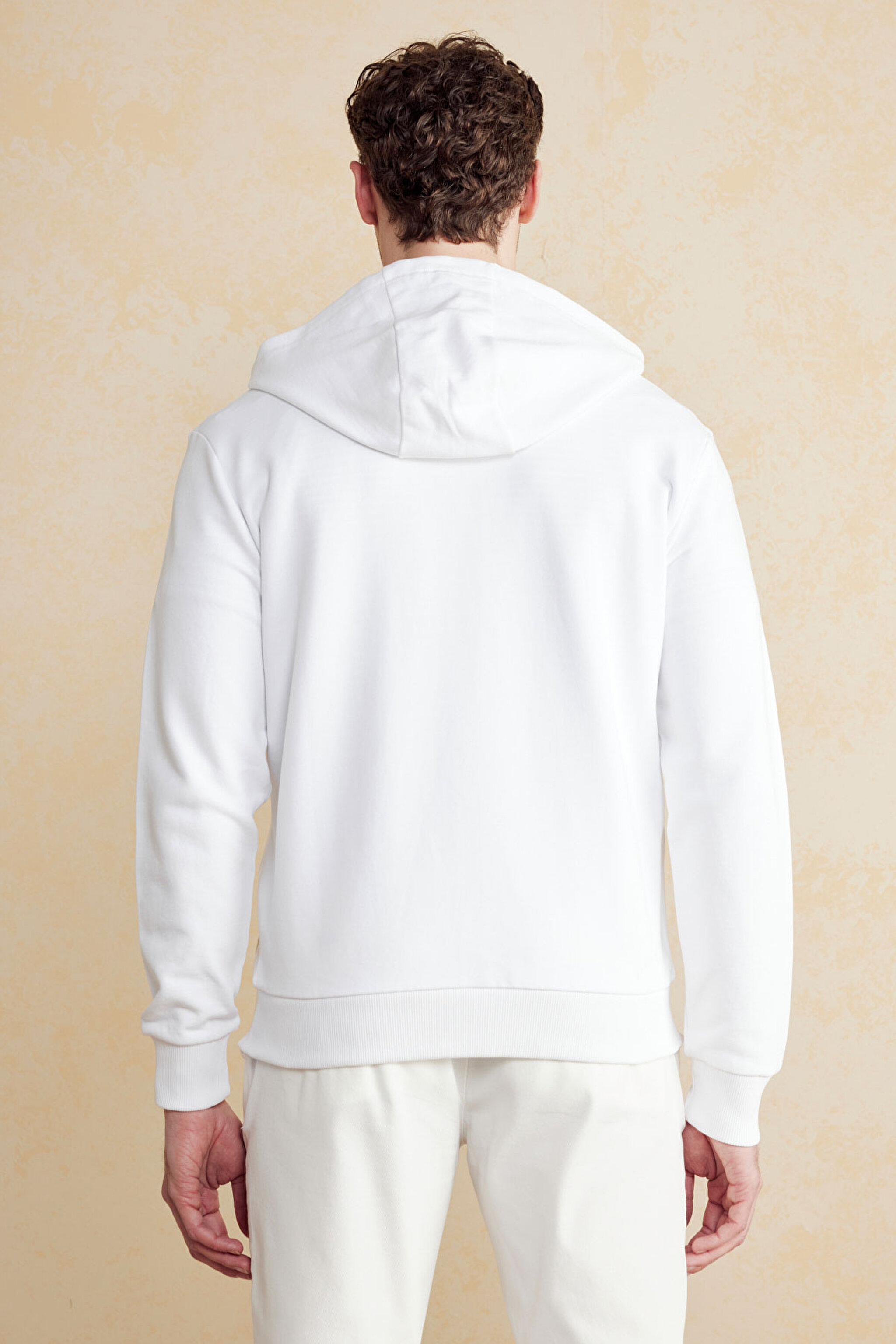 %100 Pamuk Patch Detaylı Fermuarlı Hoodie - Kırık Beyaz (görsel 5)