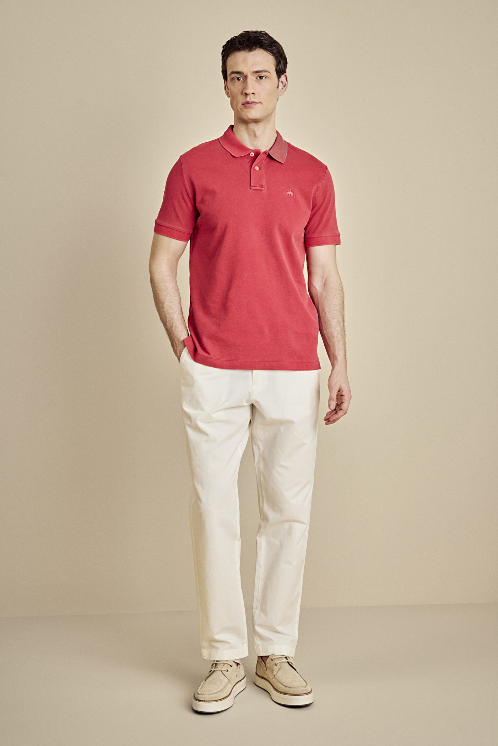 %100 Pamuk Polo Yaka Parça Boya 2 Düğmeli T-shirt - Kırmızı (görsel 3)