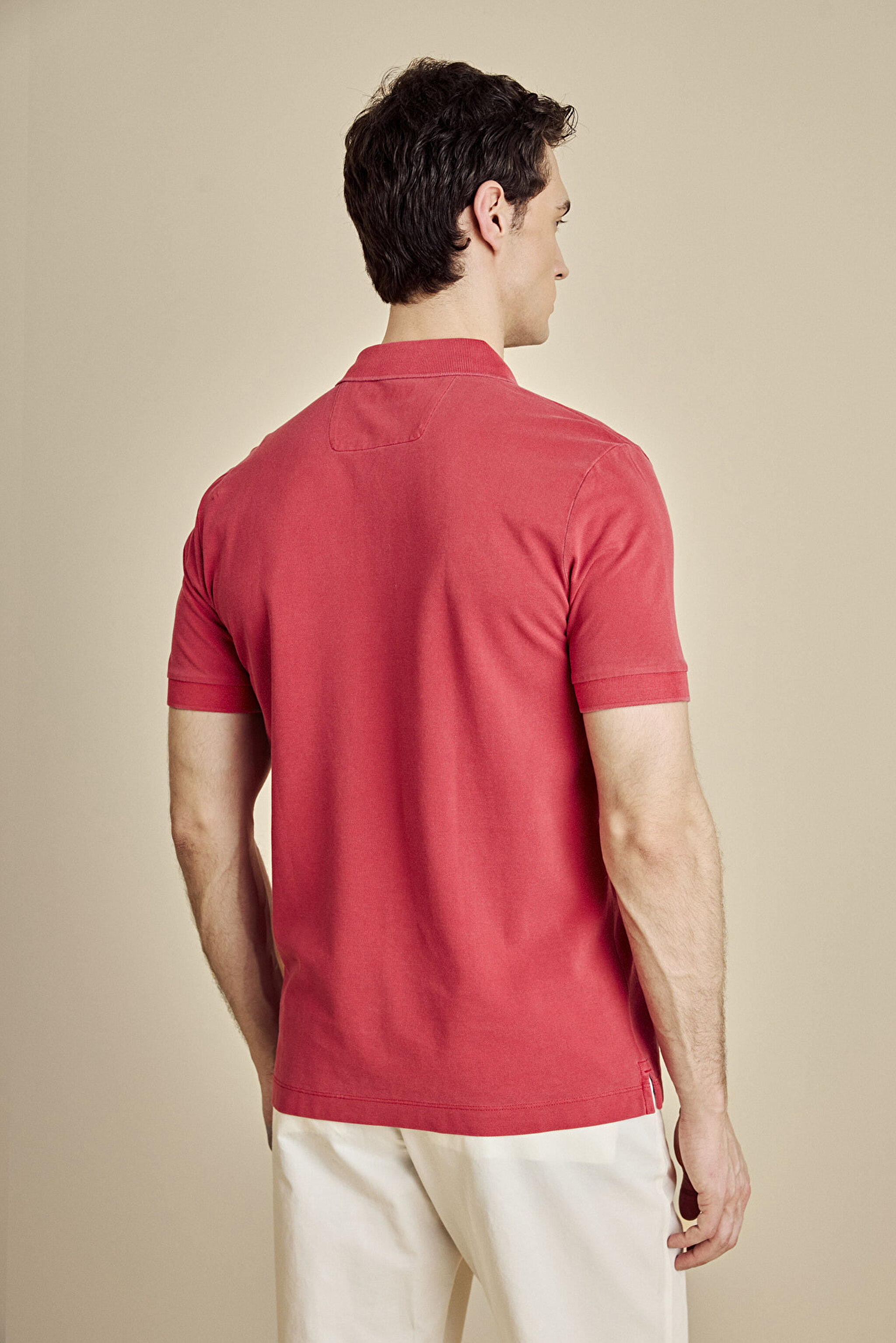 %100 Pamuk Polo Yaka Parça Boya 2 Düğmeli T-shirt - Kırmızı (görsel 5)