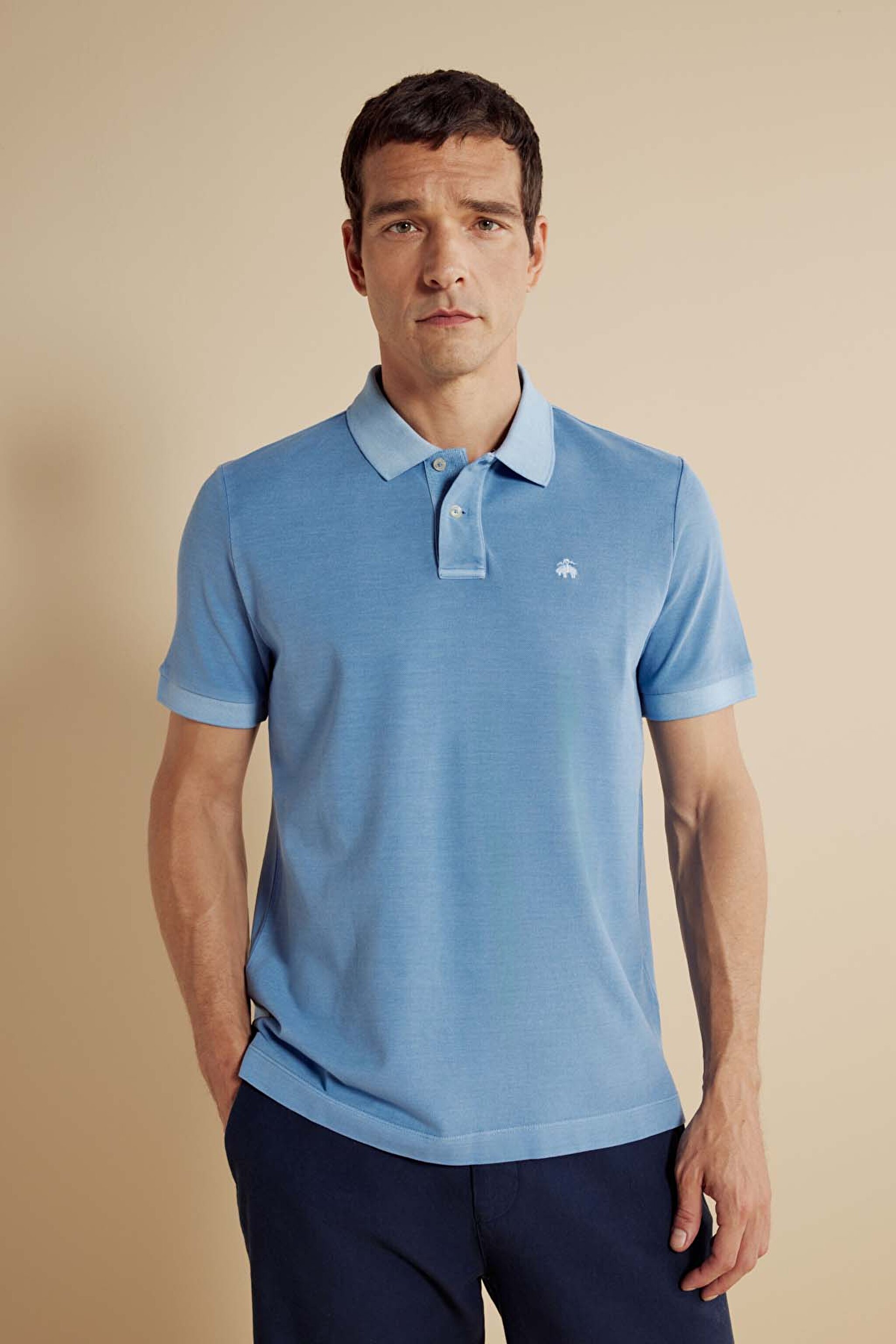 %100 Pamuk Polo Yaka Parça Boya 2 Düğmeli T-shirt - Koyu Mavi (görsel 2)