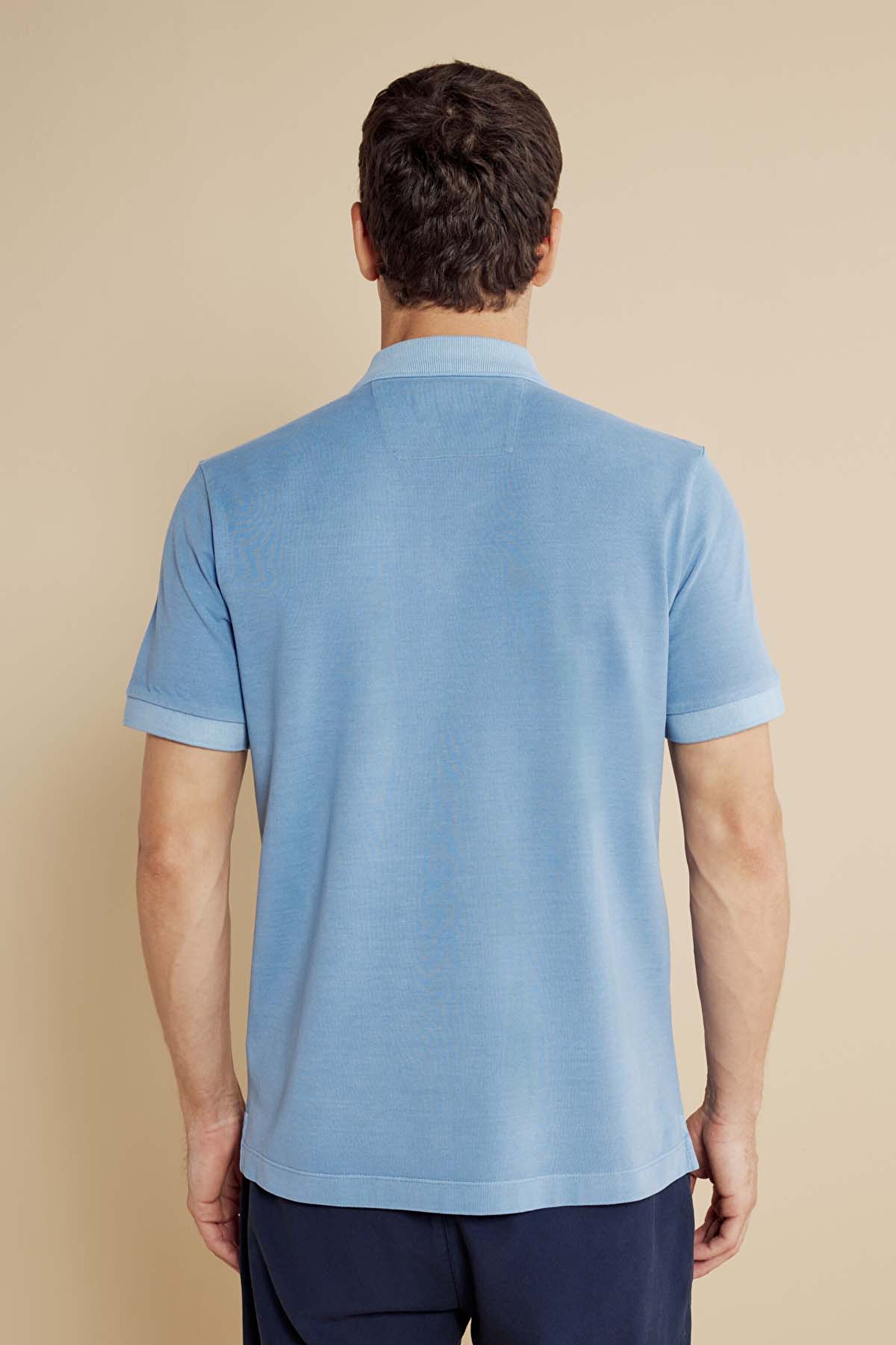 %100 Pamuk Polo Yaka Parça Boya 2 Düğmeli T-shirt - Koyu Mavi (görsel 6)