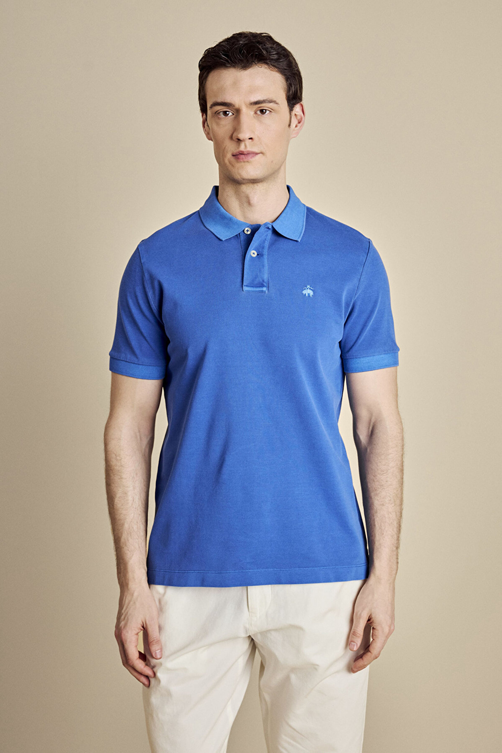 %100 Pamuk Polo Yaka Parça Boya 2 Düğmeli T-shirt - Saks Mavi (görsel 2)