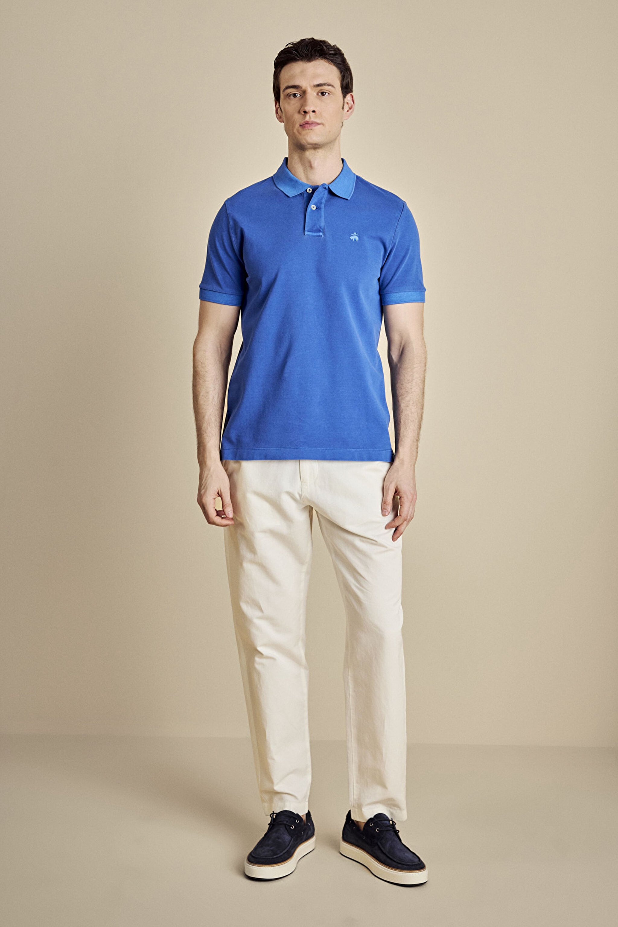 %100 Pamuk Polo Yaka Parça Boya 2 Düğmeli T-shirt - Saks Mavi (görsel 3)