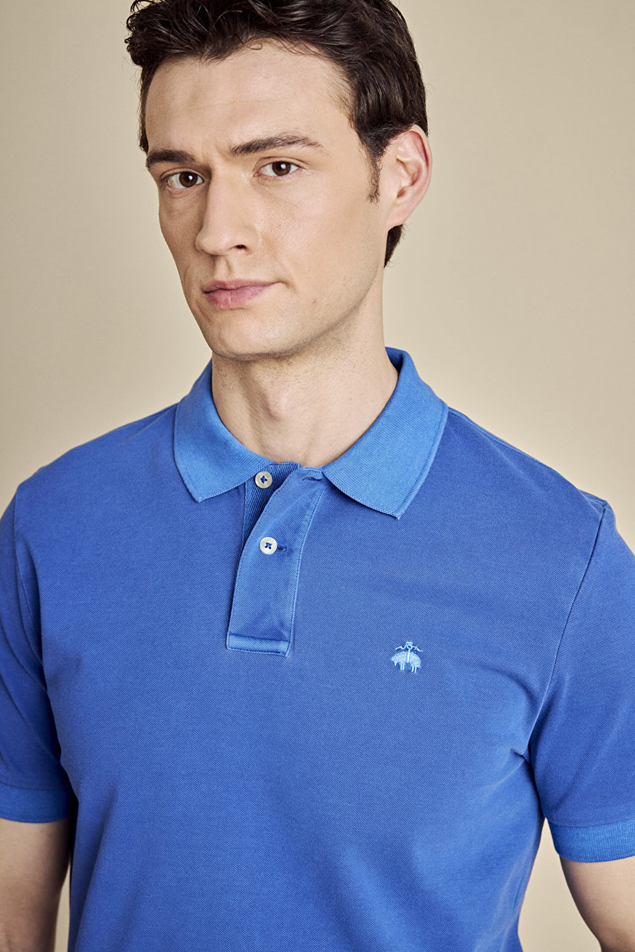 %100 Pamuk Polo Yaka Parça Boya 2 Düğmeli T-shirt - Saks Mavi (görsel 4)