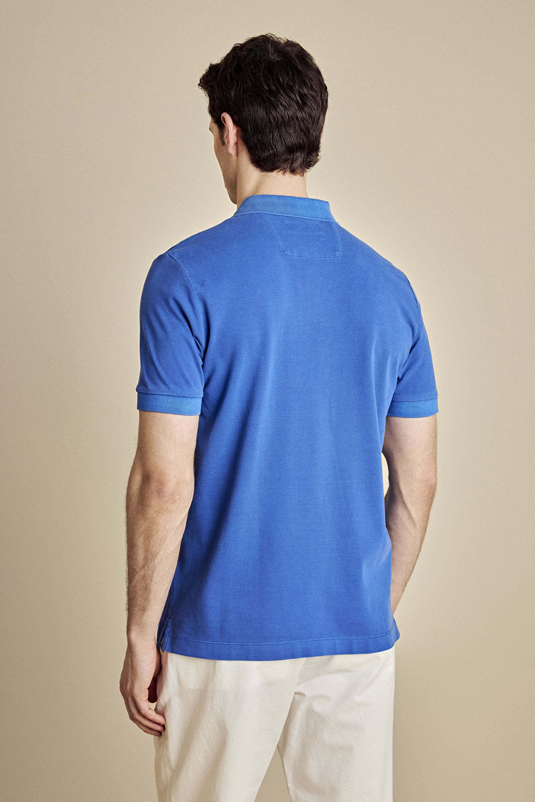 %100 Pamuk Polo Yaka Parça Boya 2 Düğmeli T-shirt - Saks Mavi (görsel 5)