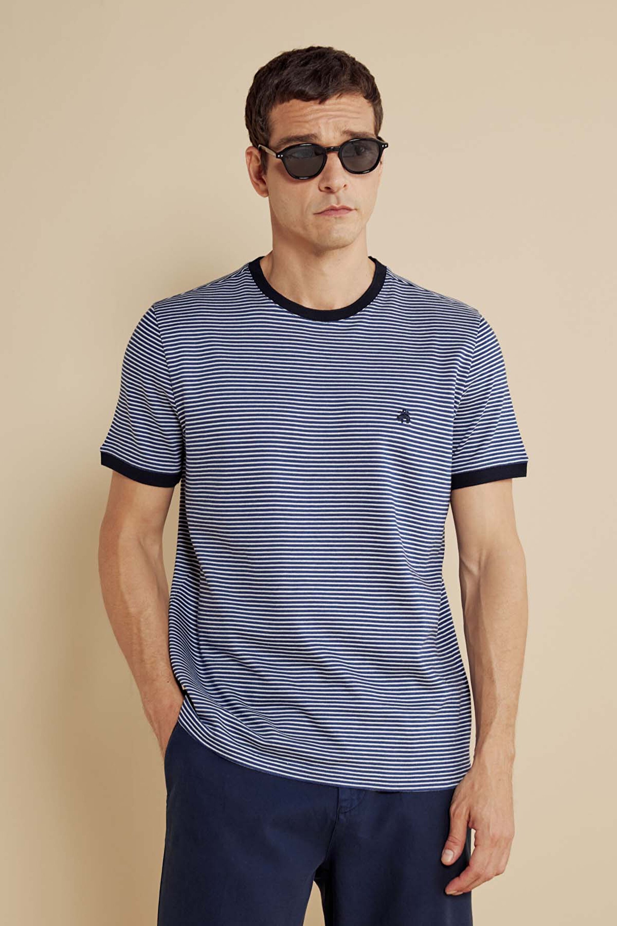 %100 Pamuk Bisiklet Yaka Çizgili Casual T-shirt - Kırık Beyaz-Lacivert