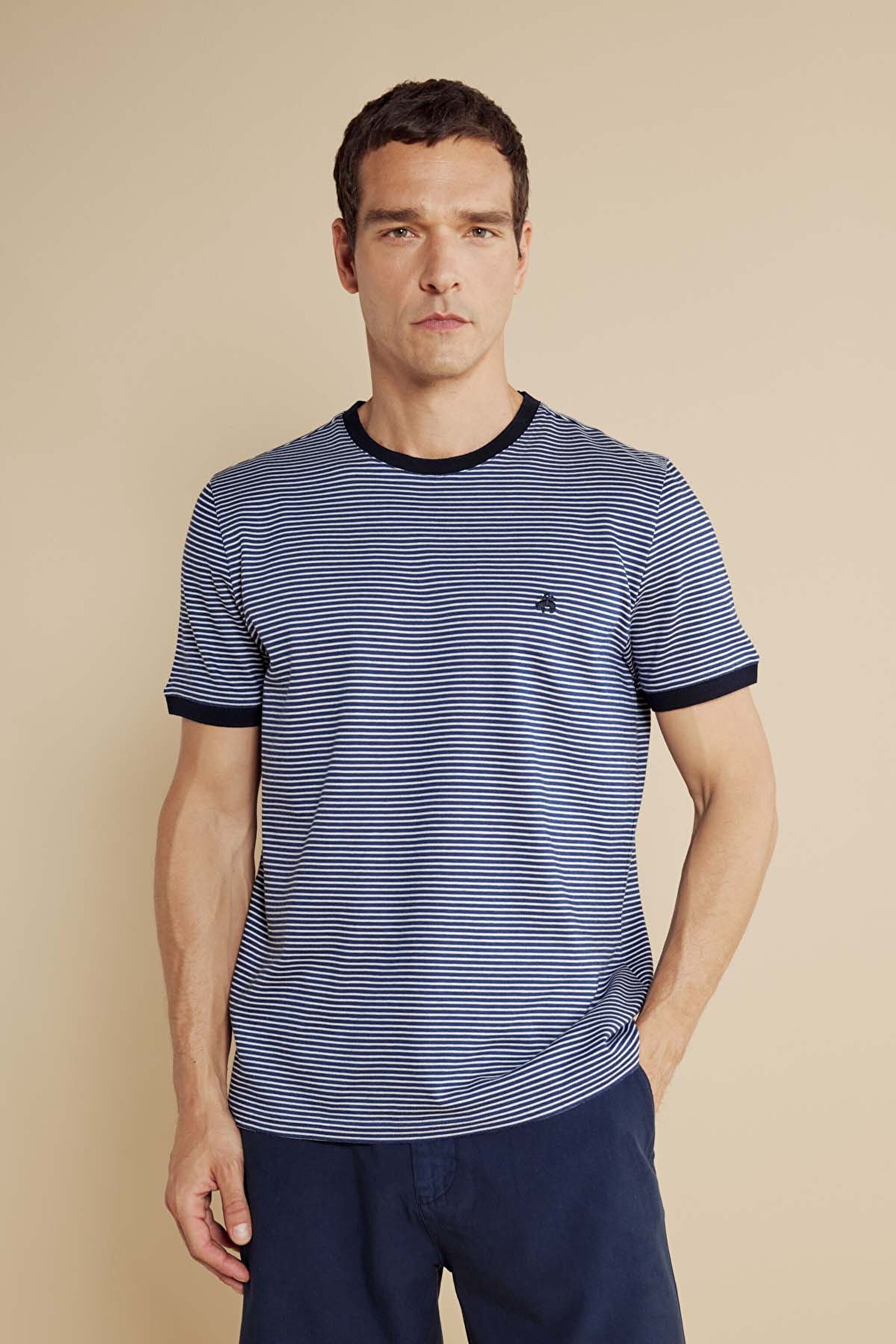 %100 Pamuk Bisiklet Yaka Çizgili Casual T-shirt - Kırık Beyaz-Lacivert (görsel 2)