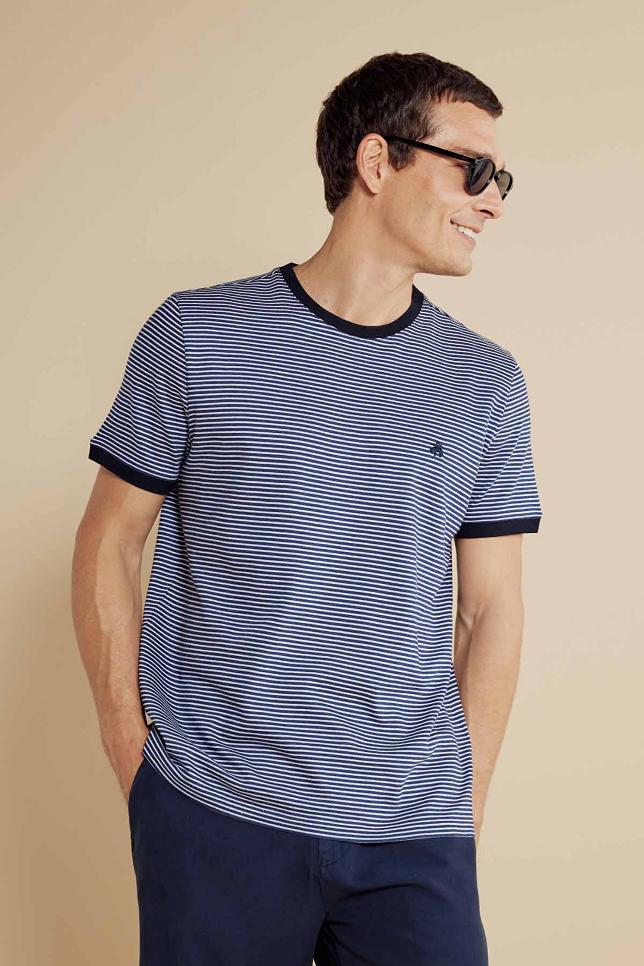 %100 Pamuk Bisiklet Yaka Çizgili Casual T-shirt - Kırık Beyaz-Lacivert (görsel 3)