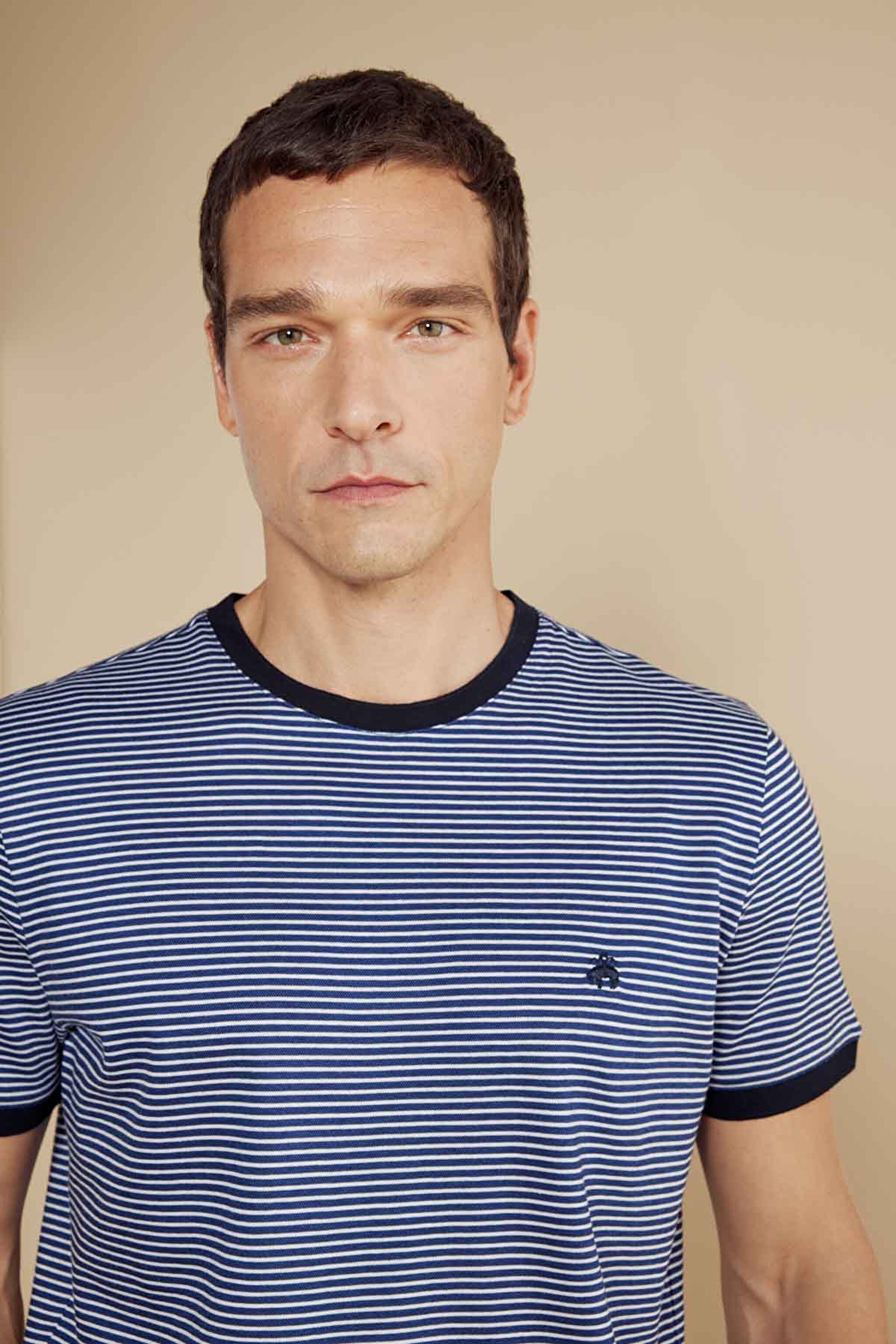 %100 Pamuk Bisiklet Yaka Çizgili Casual T-shirt - Kırık Beyaz-Lacivert (görsel 5)