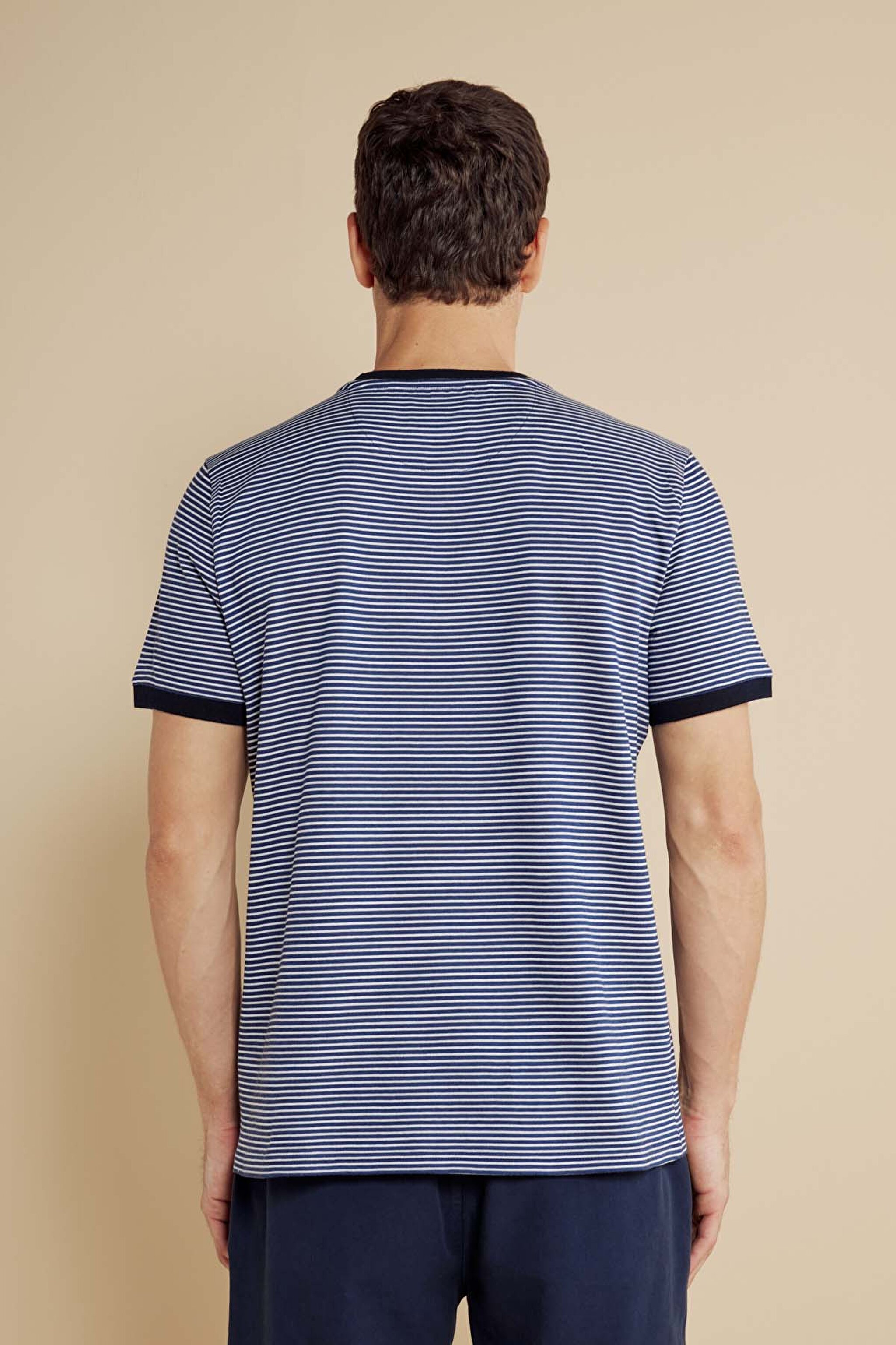 %100 Pamuk Bisiklet Yaka Çizgili Casual T-shirt - Kırık Beyaz-Lacivert (görsel 6)