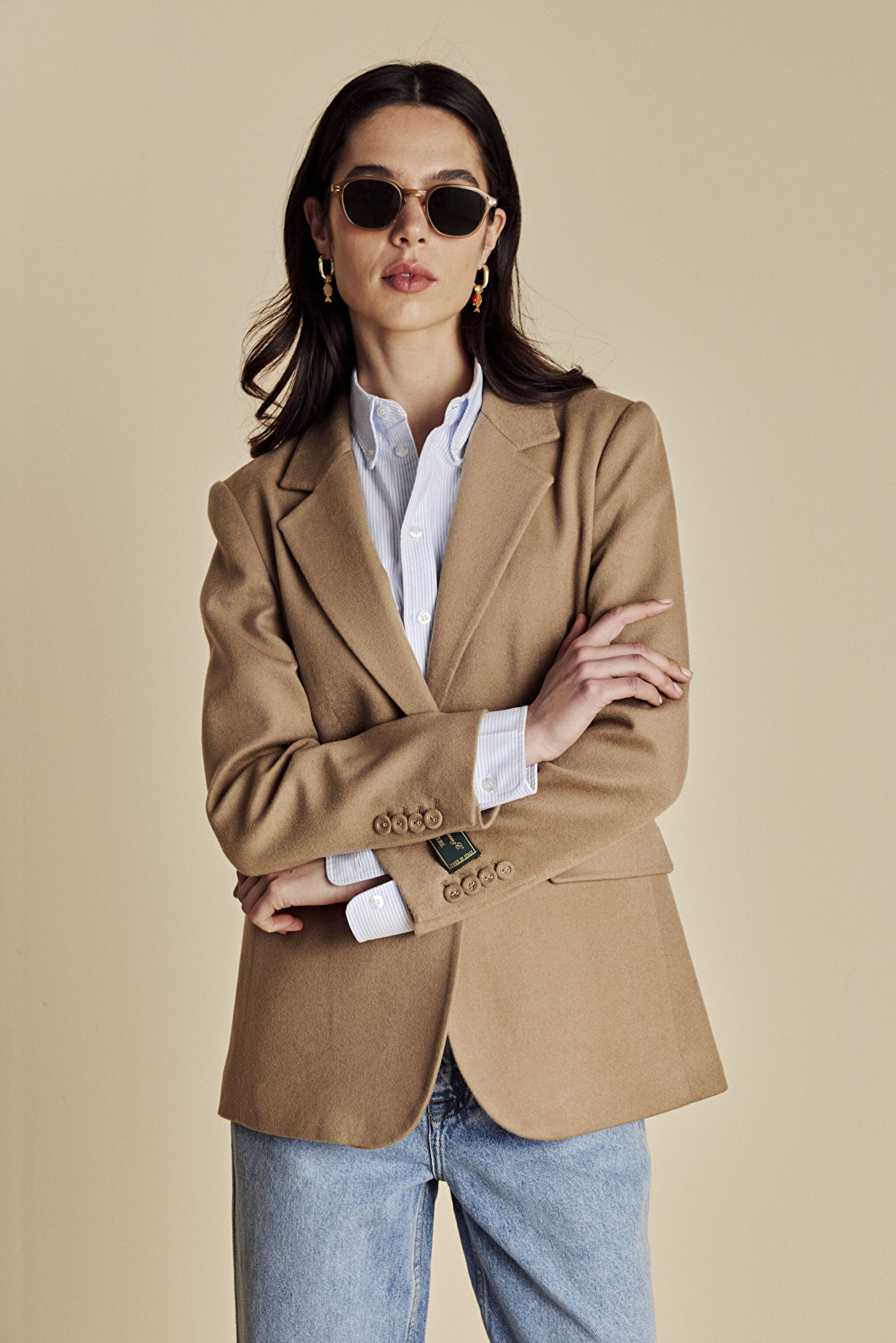 100% Kaşmir Logo Astarlı Loro Piana Puntolu Mono Blazer - Camel