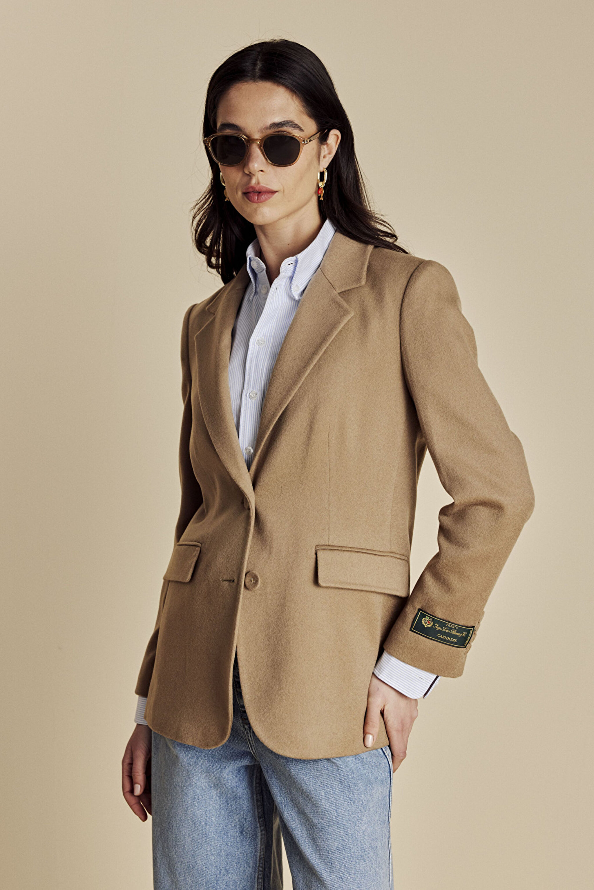 100% Kaşmir Logo Astarlı Loro Piana Puntolu Mono Blazer - Camel (görsel 2)