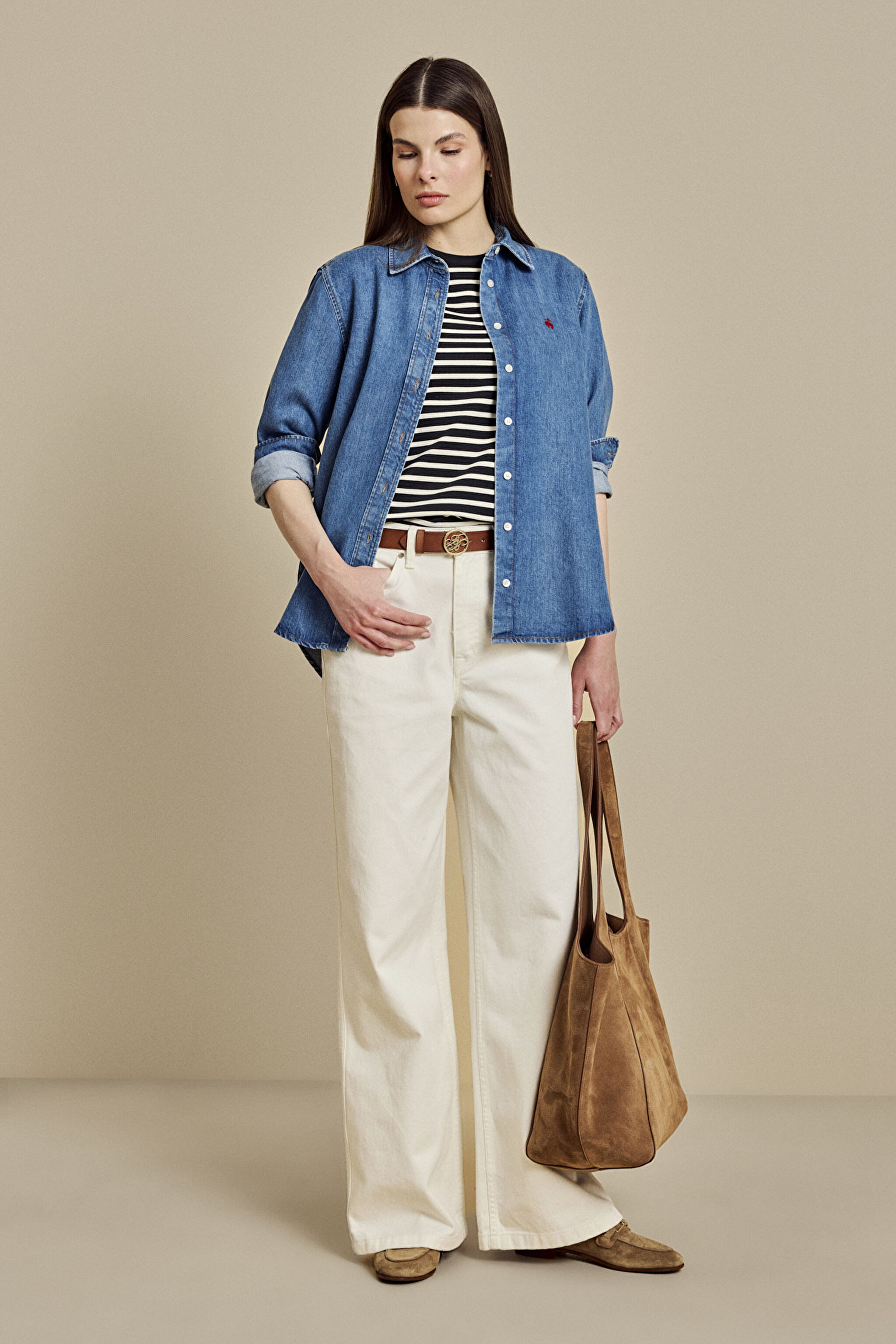 %100 Pamuk Yüksel Bel Wide Leg Denim Pantolon - Beyaz (görsel 2)