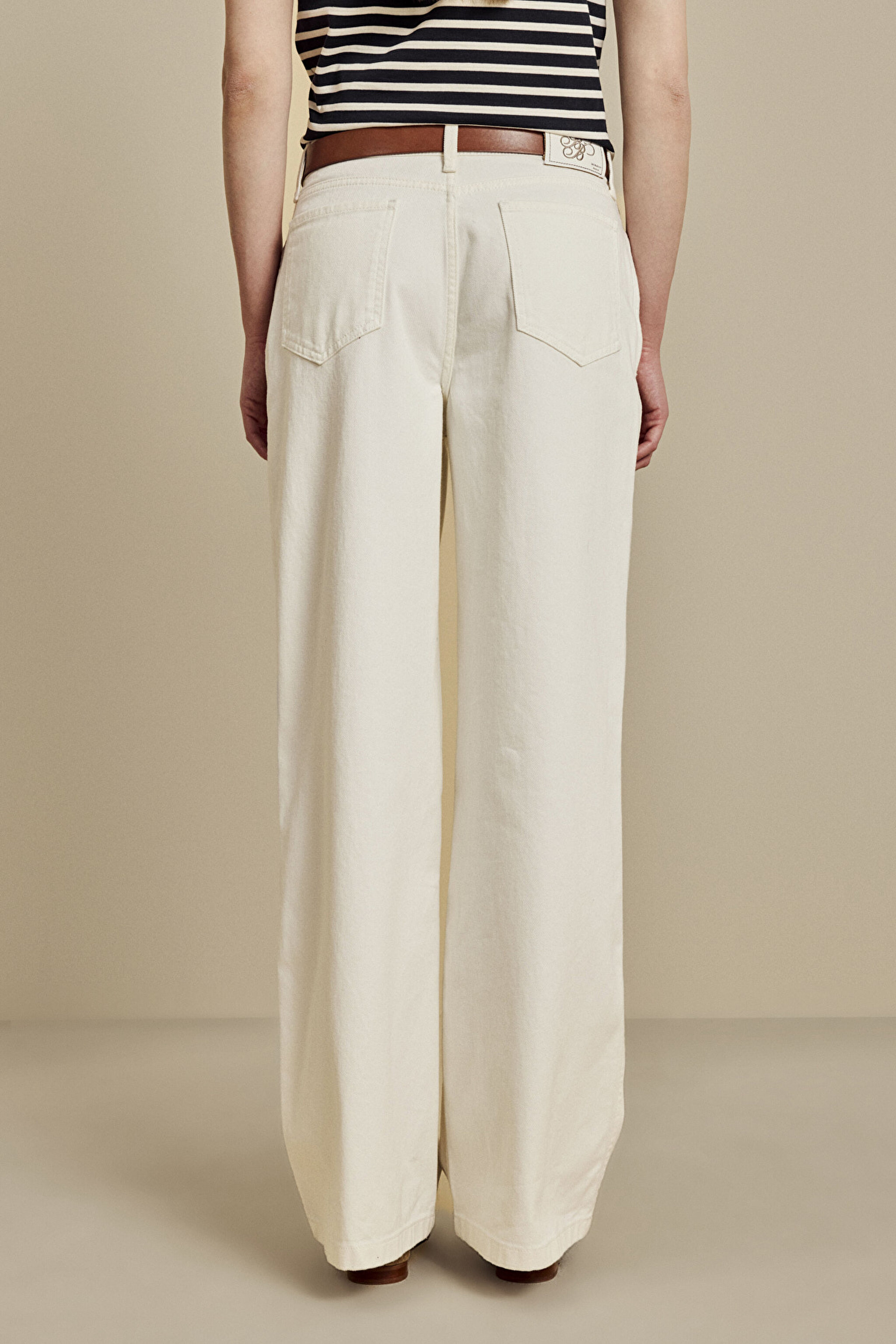 %100 Pamuk Yüksel Bel Wide Leg Denim Pantolon - Beyaz (görsel 4)