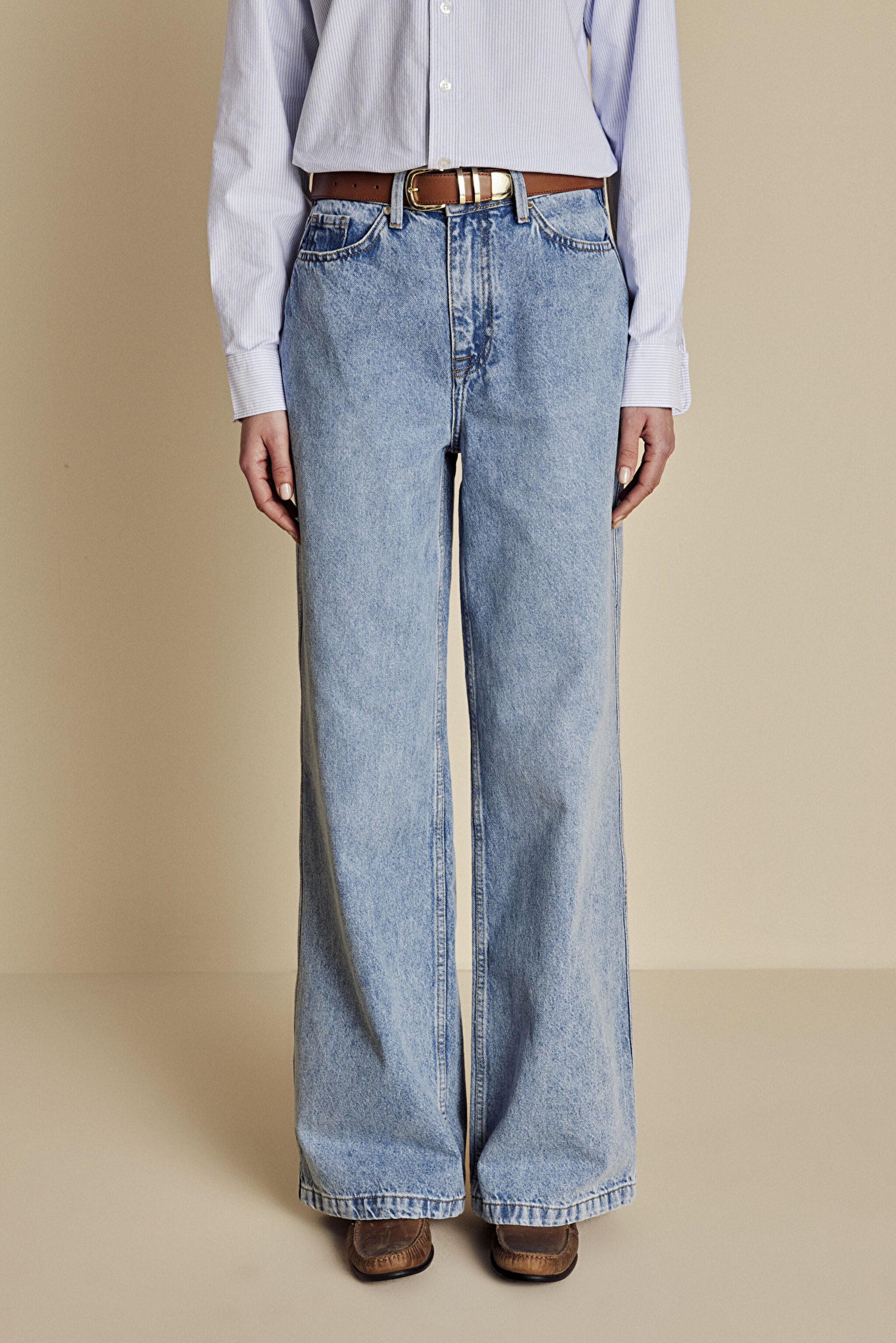 %100 Pamuk Yüksel Bel Wide Leg Denim Pantolon - Buz Mavisi (görsel 5)