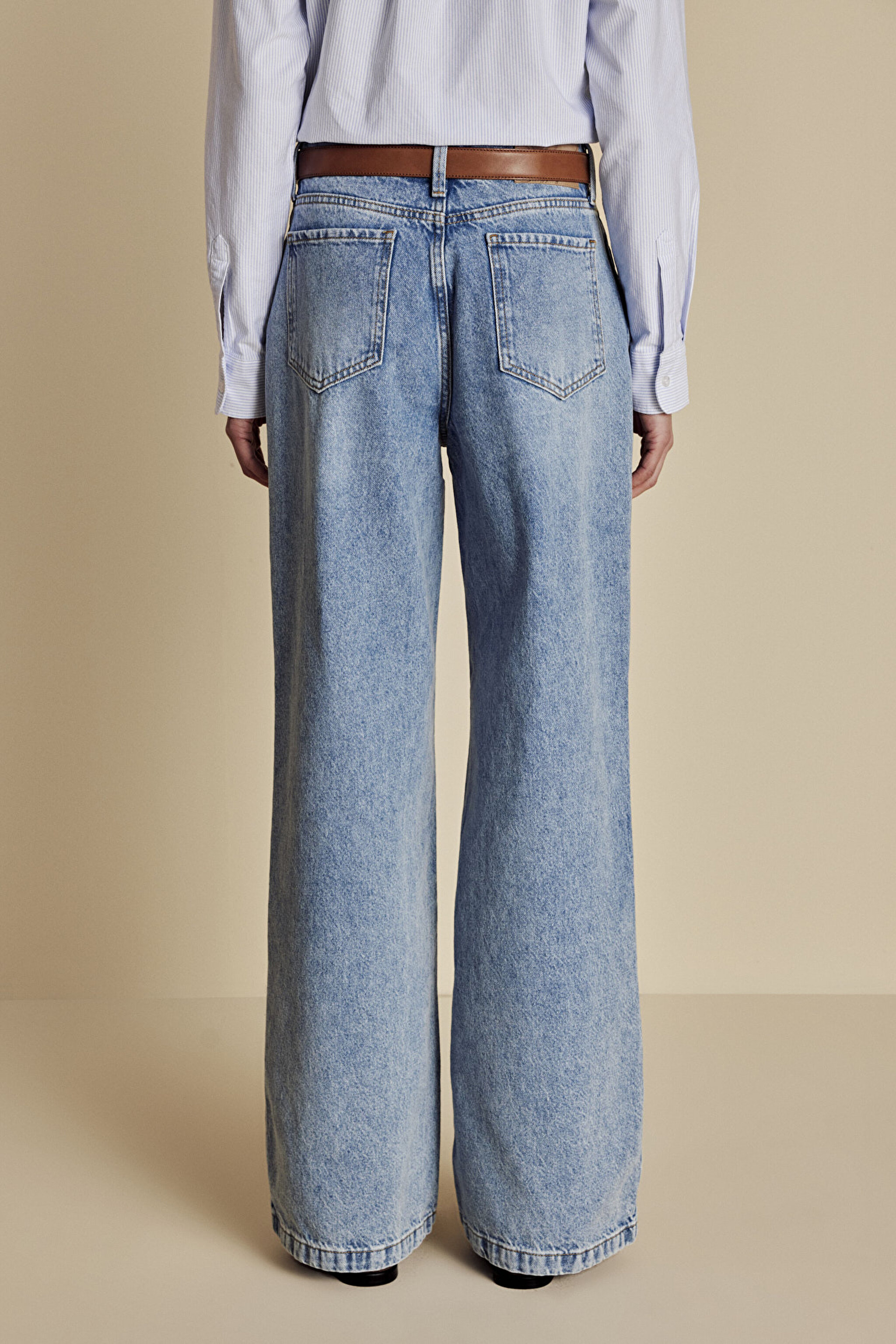 %100 Pamuk Yüksel Bel Wide Leg Denim Pantolon - Buz Mavisi (görsel 6)