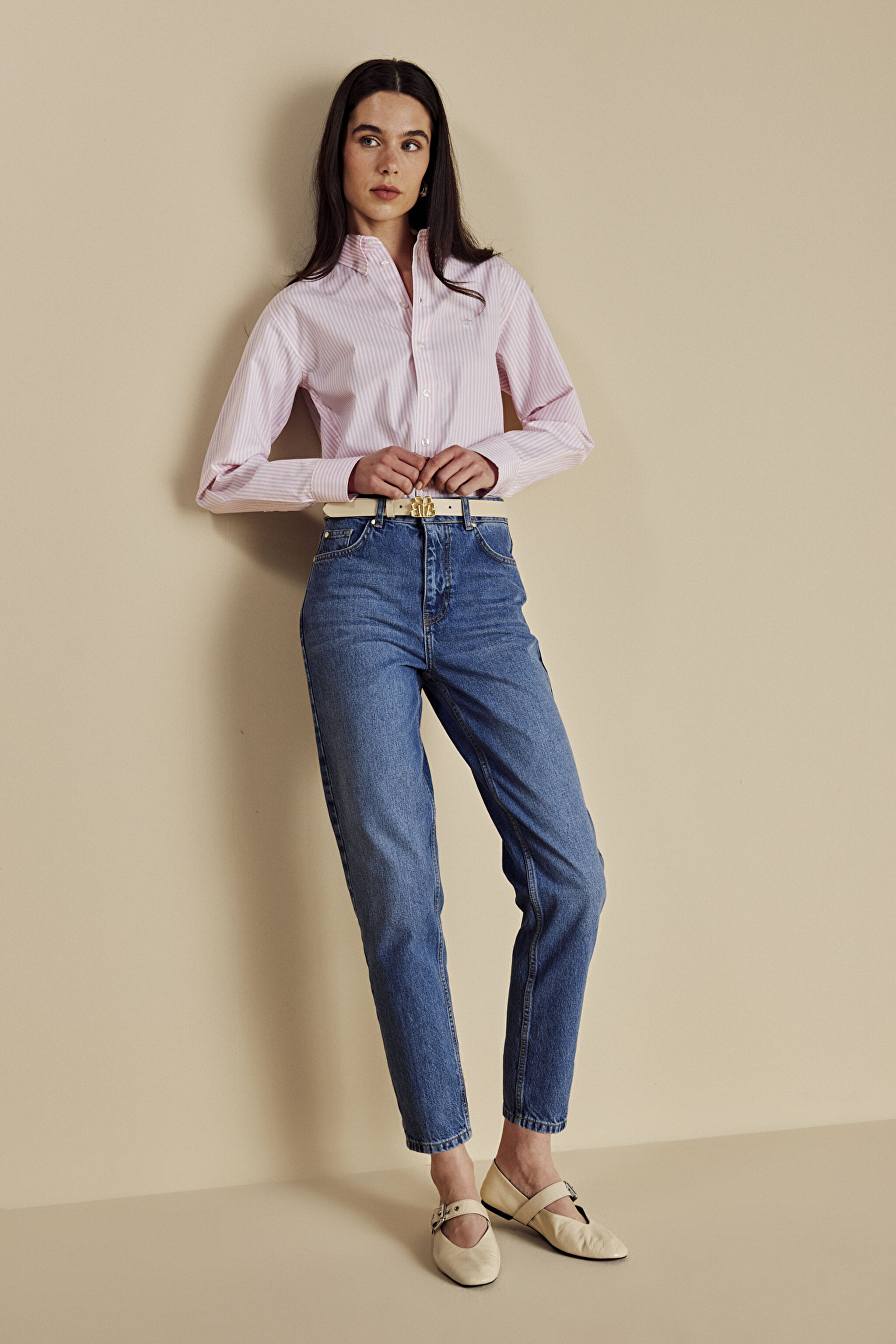 %100 Pamuk Yüksek Bel Slim Mom Fit Denim Pantolon - Mavi (görsel 2)