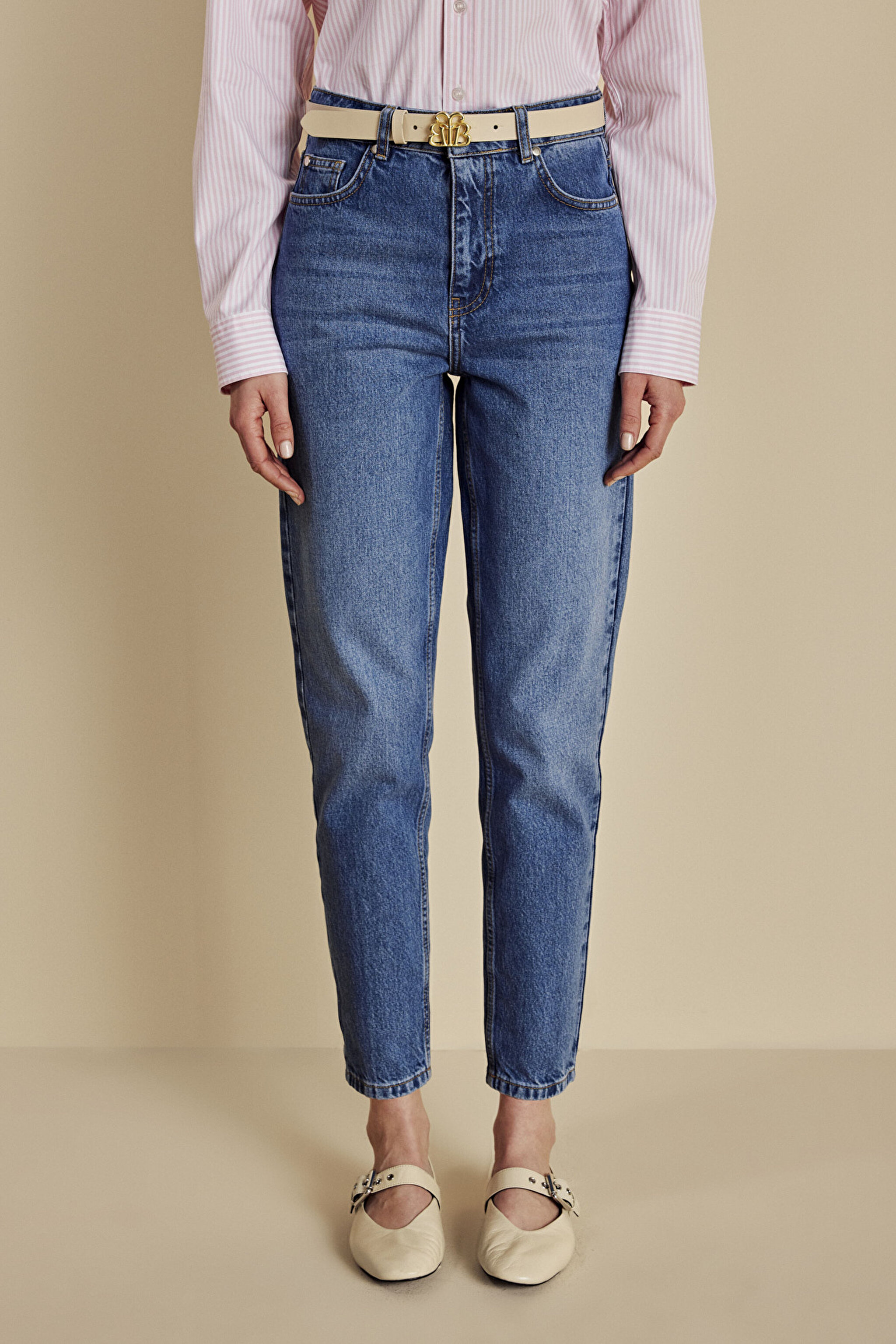 %100 Pamuk Yüksek Bel Slim Mom Fit Denim Pantolon - Mavi (görsel 3)