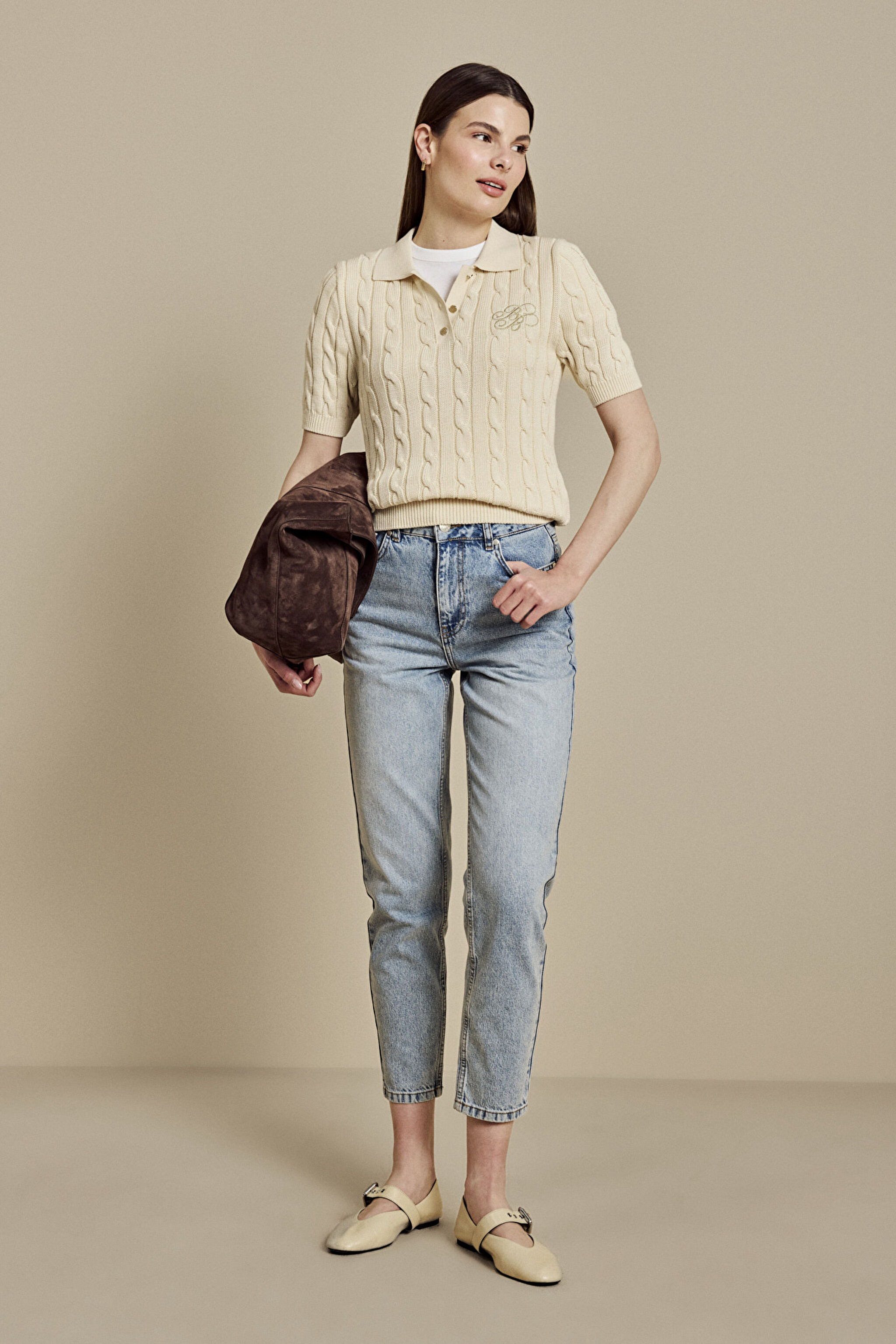 %100 Pamuk Yüksek Bel Slim Mom Fit Denim Pantolon - Açık Mavi