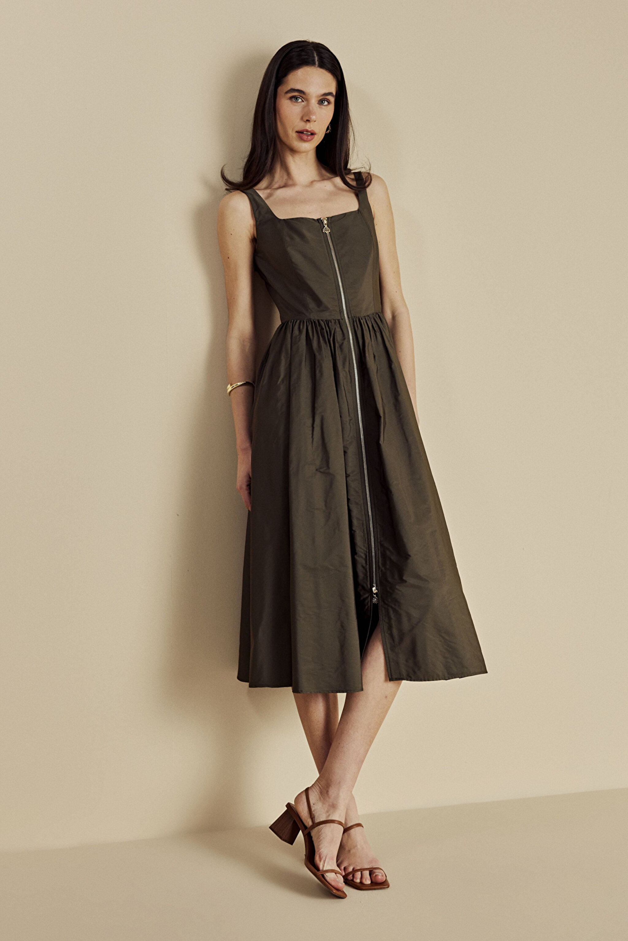 Metal Fermuarlı Midi Boy Tafta Elbise - Haki