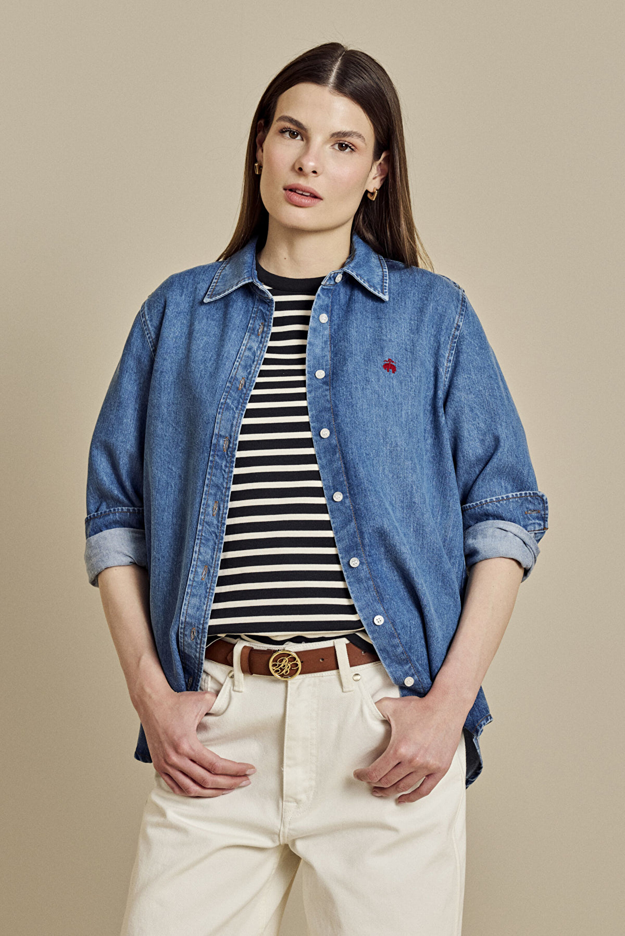 Logo Nakışlı Denim Gömlek - Koyu Indigo