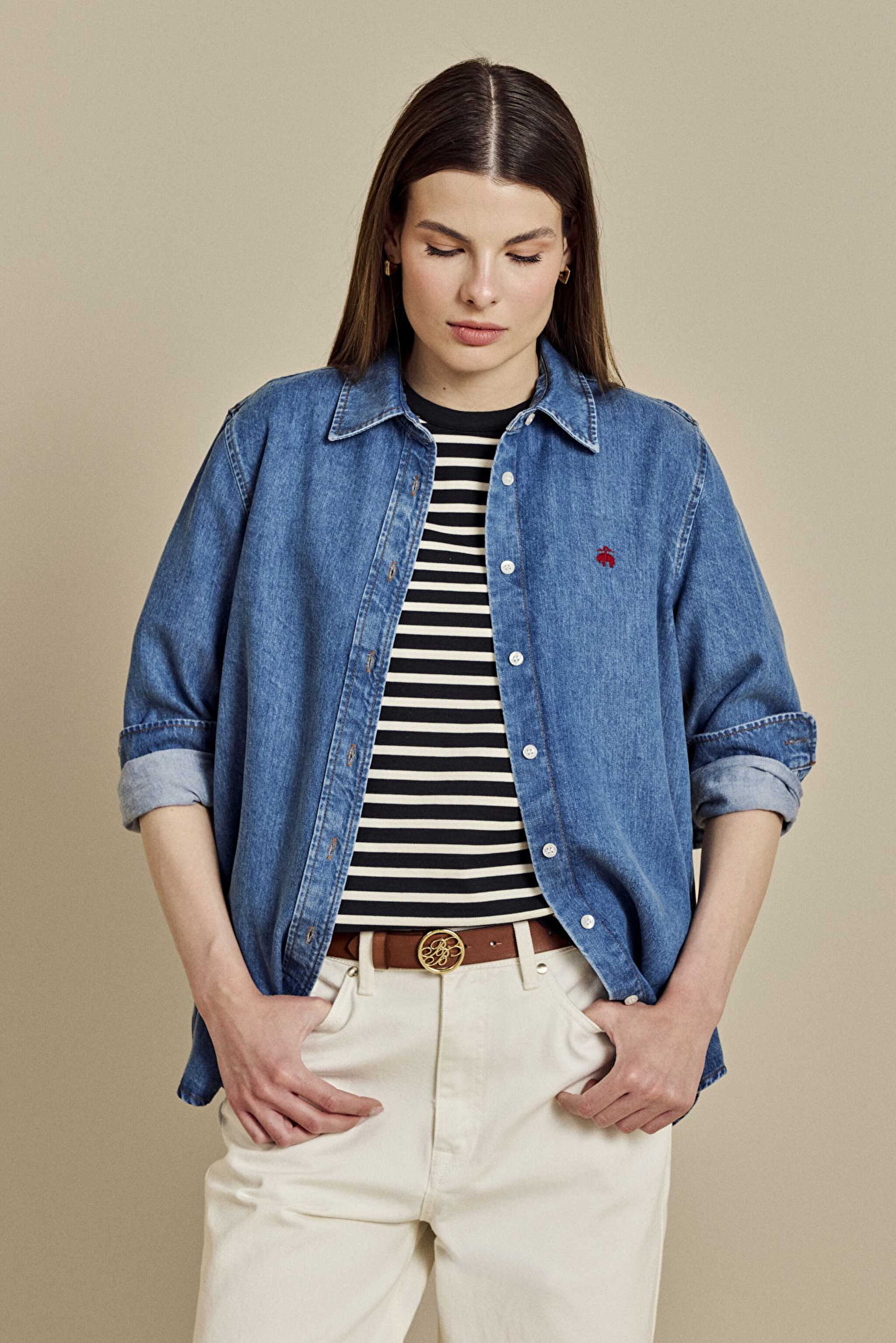Logo Nakışlı Denim Gömlek - Koyu Indigo (görsel 4)