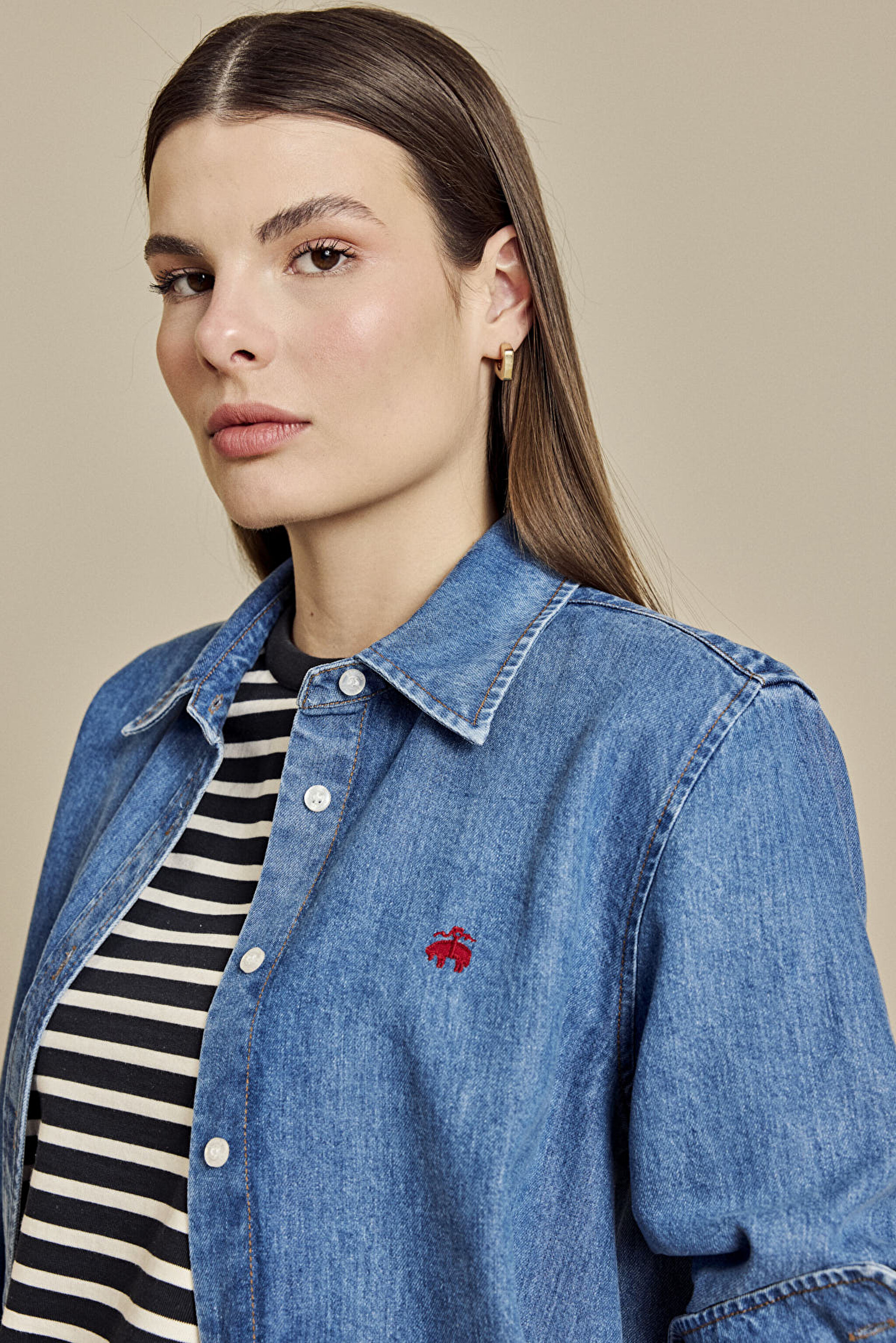 Logo Nakışlı Denim Gömlek - Koyu Indigo (görsel 5)