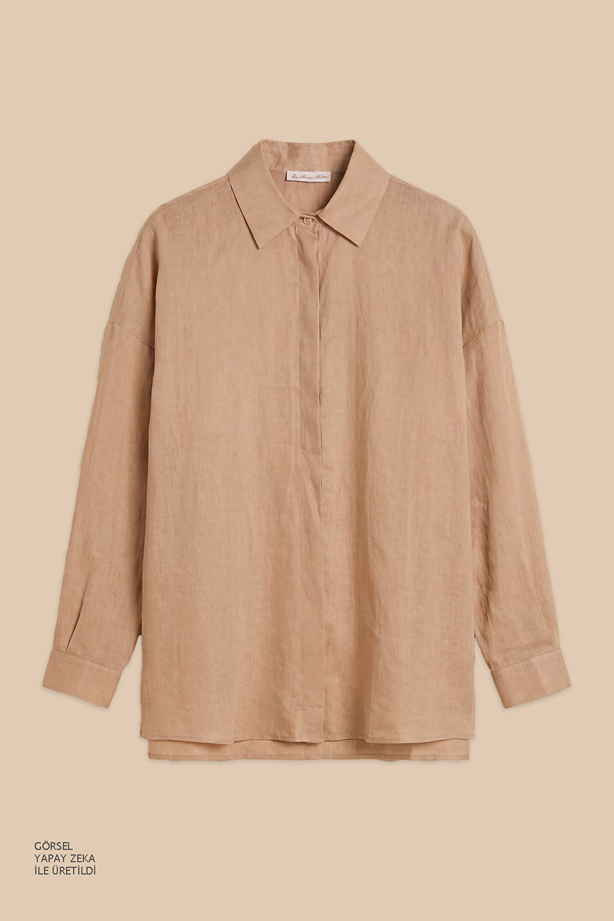 %100 Rami Apoletli  Oversize Gömlek - Camel
