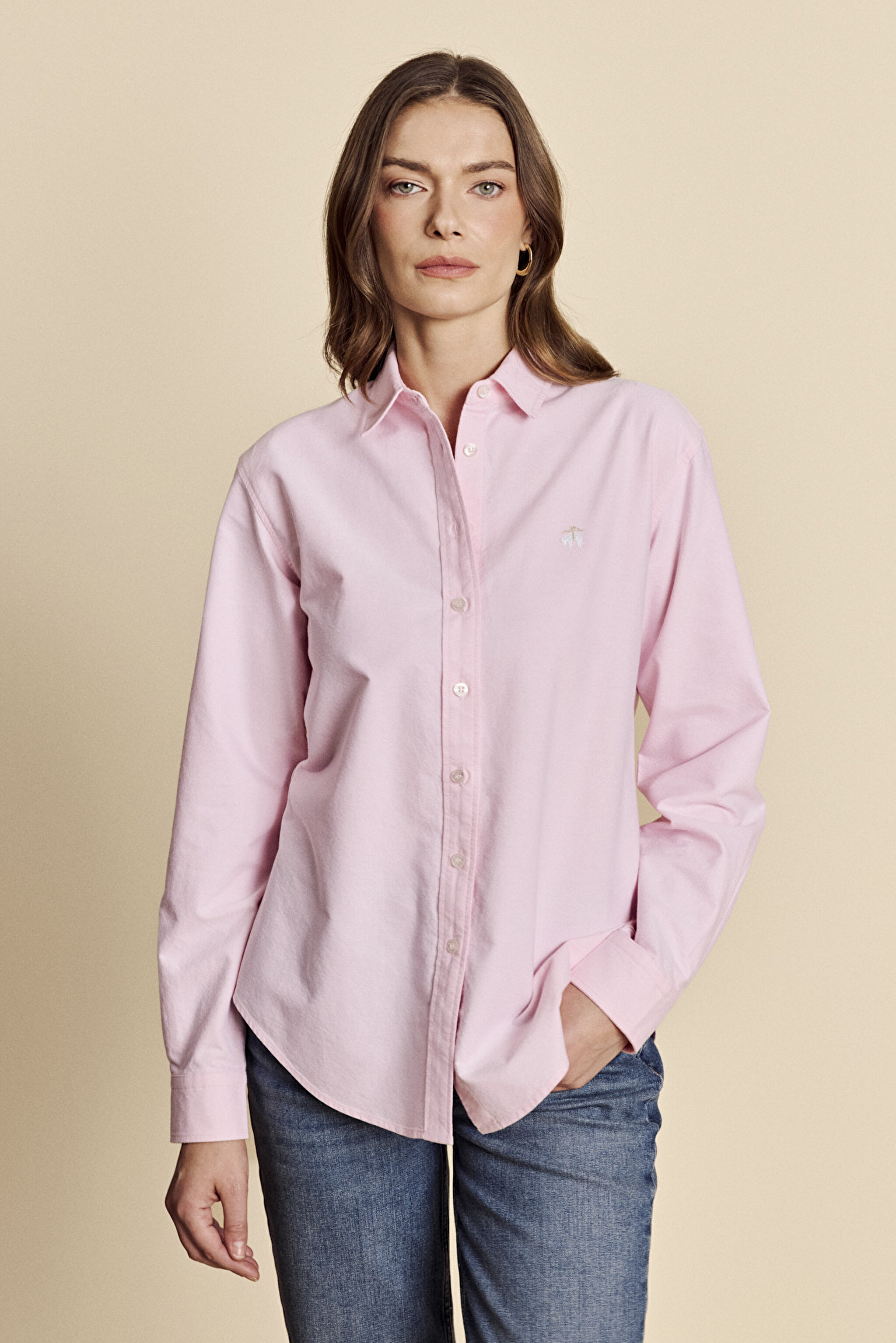 %100 Pamuk Logo Nakışlı  Oxford Gömlek - Pembe