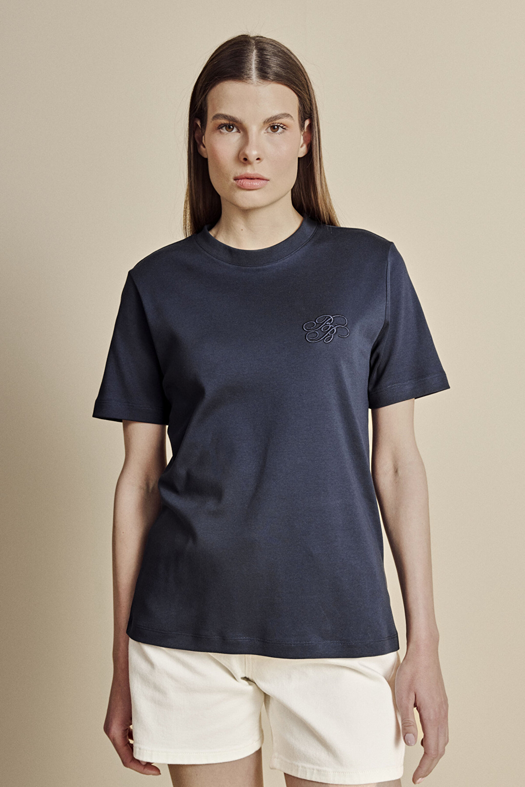 %100 Pamuk Bisiklet Yaka Eva Nakışlı T-shirt - Lacivert